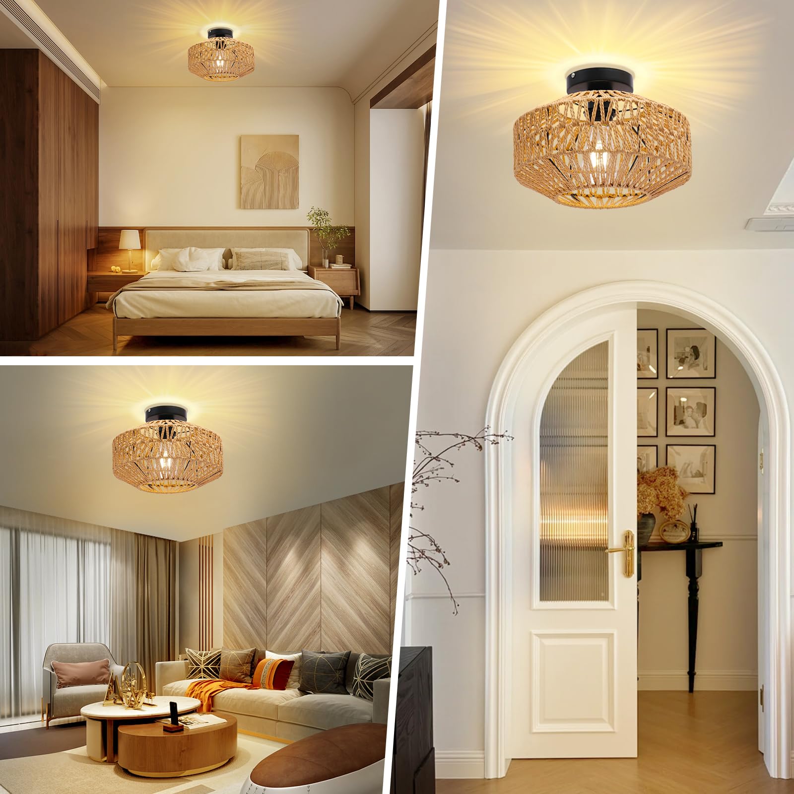AmazeFun Boho Deckenleuchte Style mit Rattan Lampenschirm - Ø30cm Rattan Deckenlampe Wohnzimmer, E27 Vintage Deckenlampe, Rustikal Deckenleuchte Schlafzimmer, Boho Korb Lampe Für Esszimmer Küche Flur