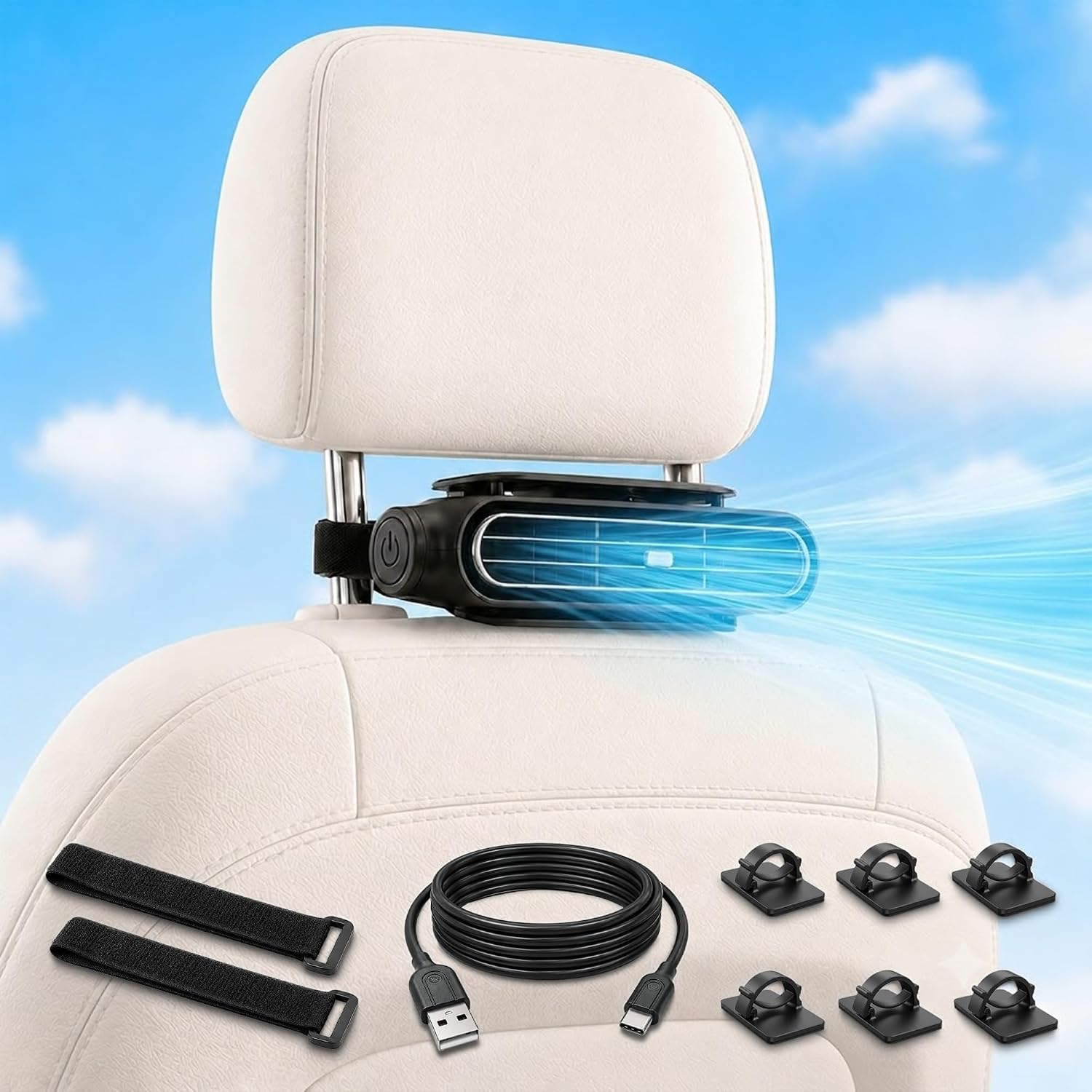Car Fans for Backseat for Kids & Pets, Rechargeable Car Seat Fan, Black