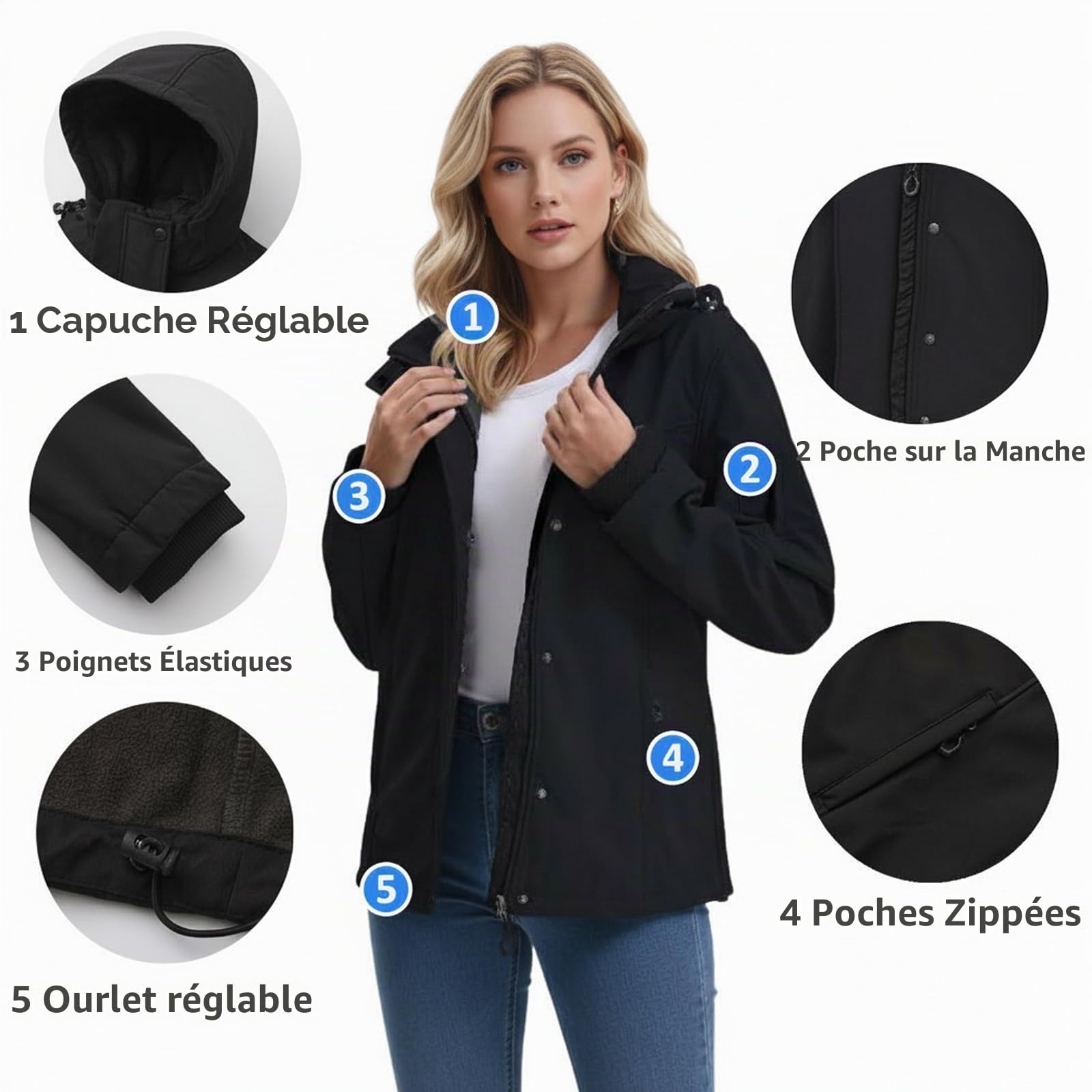 Vestes imperméables femmes Imperméable à capuche Veste softshell Manteau fonctionnel décontracté pour l'extérieur
