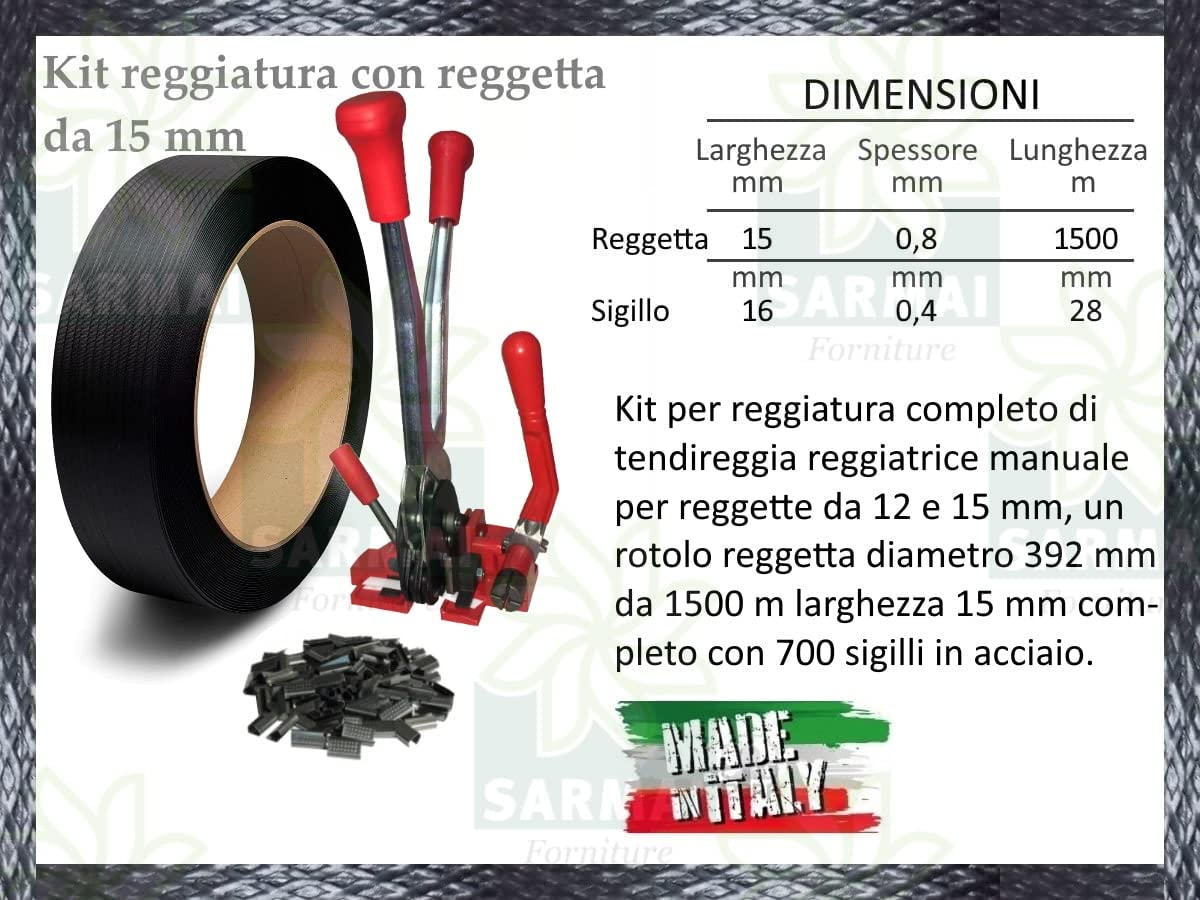BUD - KIT REGGITURA ROTOLO Ø392 mm REGGETTA REGGIA 15x0,8 mm 1500 m TENDIREGGIA MANUALE + 700 SIGILLI