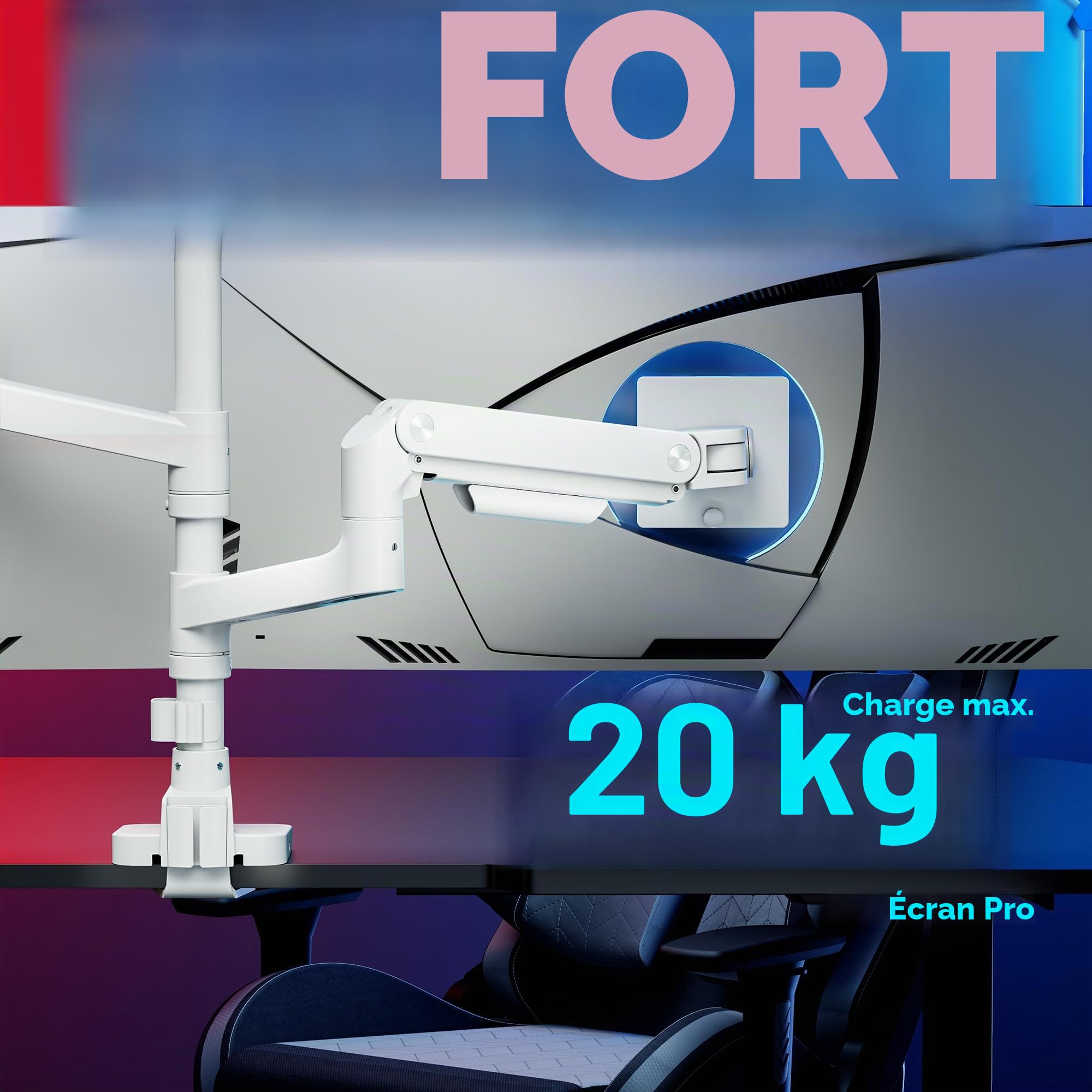 ARES WING Support Ecran PC 2 Écran, Bras pour Écran pour écrans Plats et incurvés de 17-49", Support de Moniteur à Ressort à Gaz, Charge maximale de 20 kg/Bras, VESA 75/100 mm, Blanc