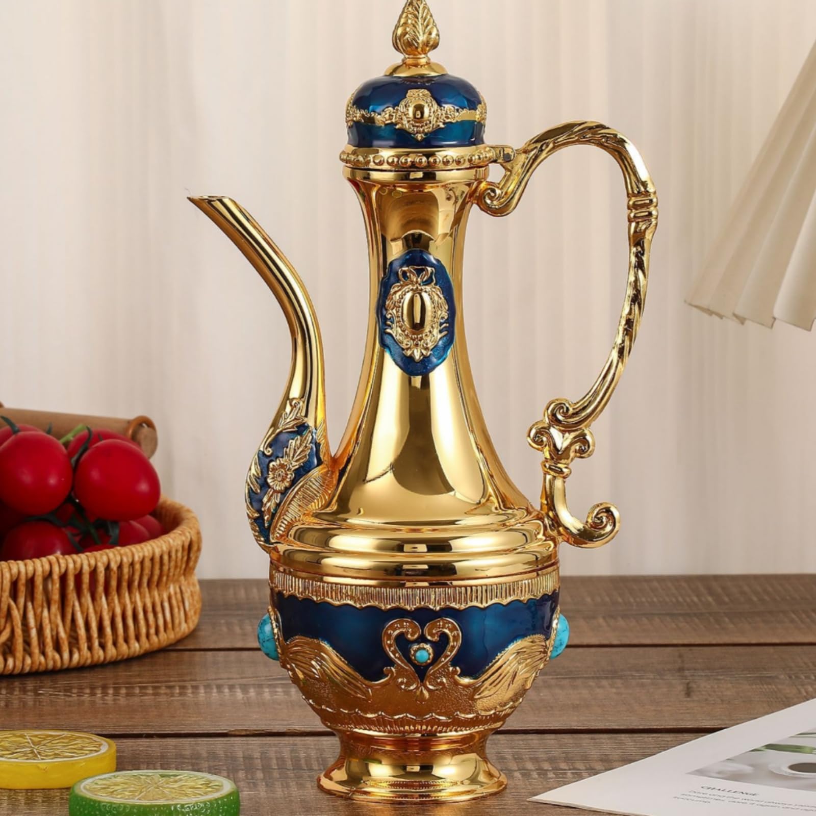 Jarra Tapada Centro Espejado Set Ornamental Estilo Tradicional Bandeja Redonda para Servir Bebidas, Dorado