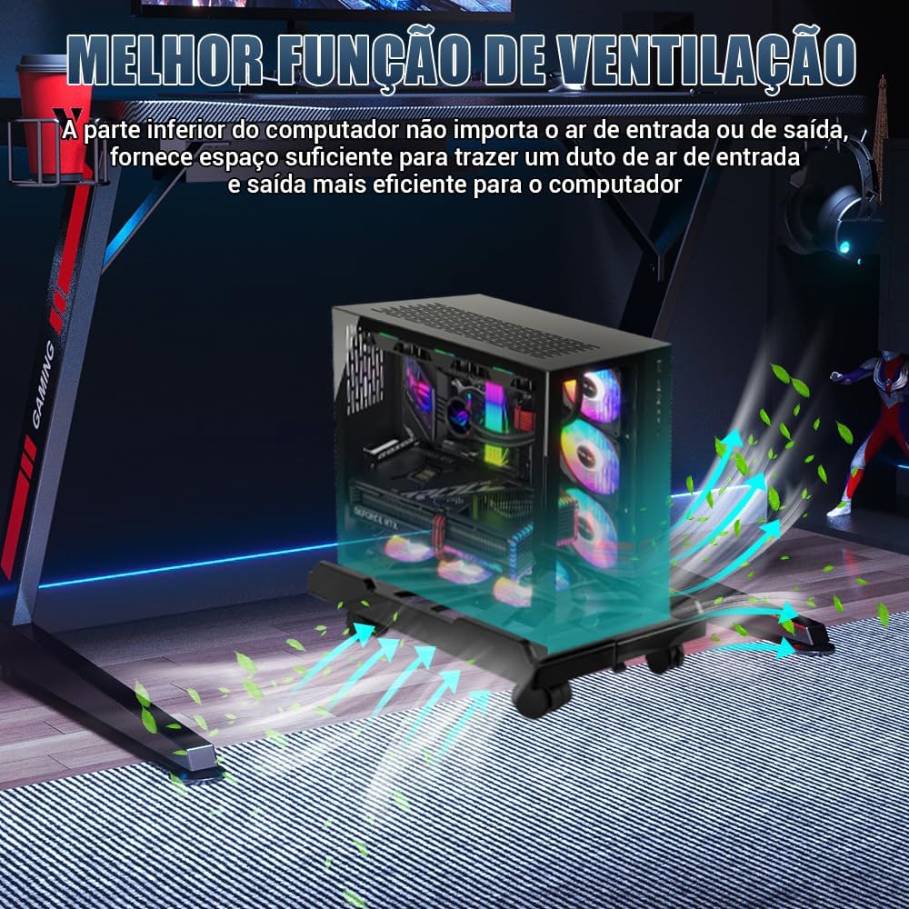 Suporte de CPU Móvel com Rodas, Suporte de PC Desktop com Largura Ajustável, Preto