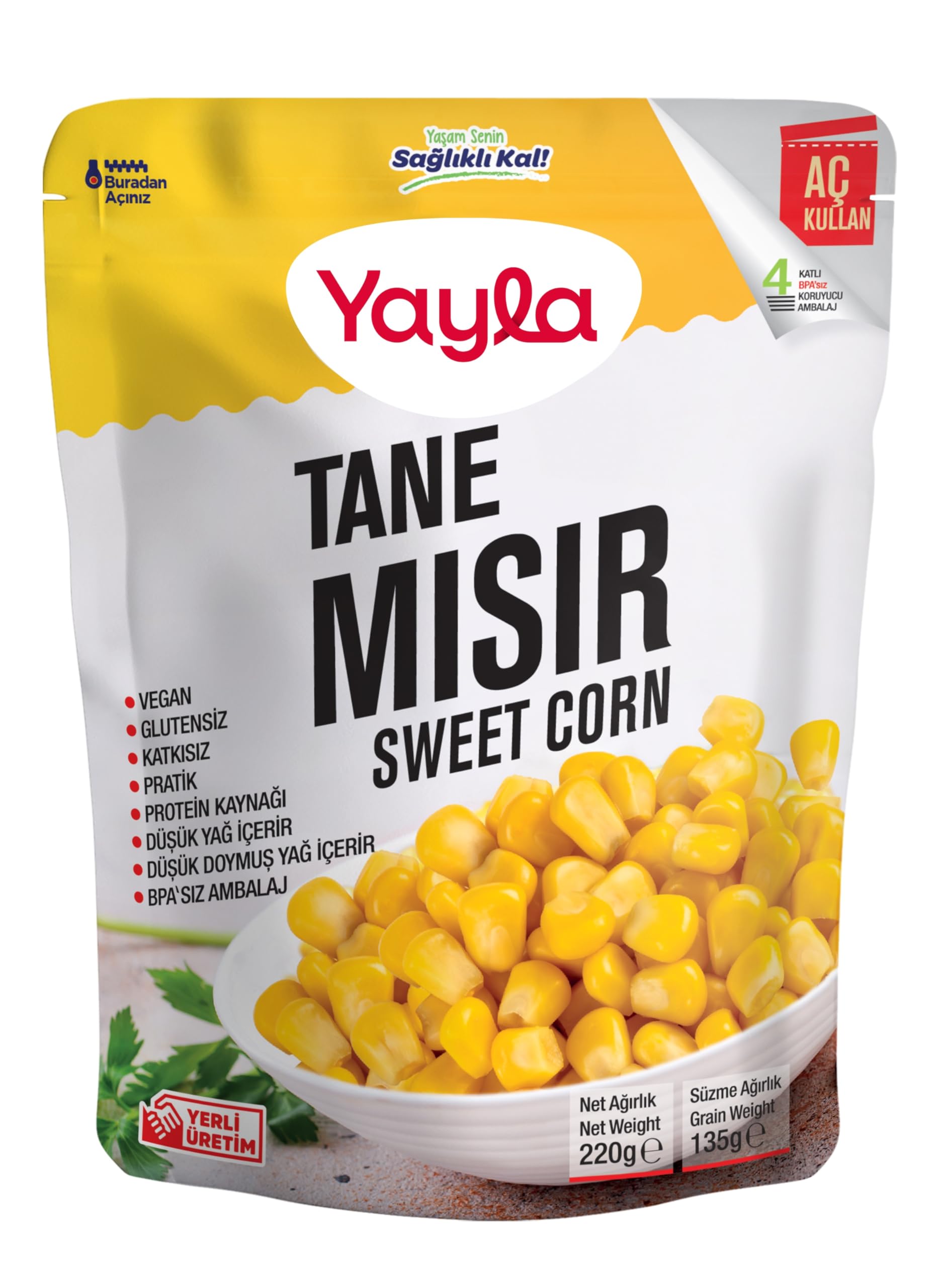 yayla Haşlanmış Tane Mısır, 220 gr Tekli Paket