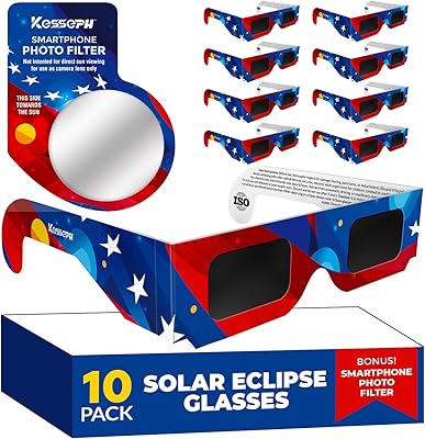 Solar Eclipse Glasses AAS Approved 2024, (10 Pack) CE and ISO Certified Eclipse Observation Glasses, Safe Shades for Direct Sun Viewing, Bonus Smartphone Photo Filter Lens, American Flag Design