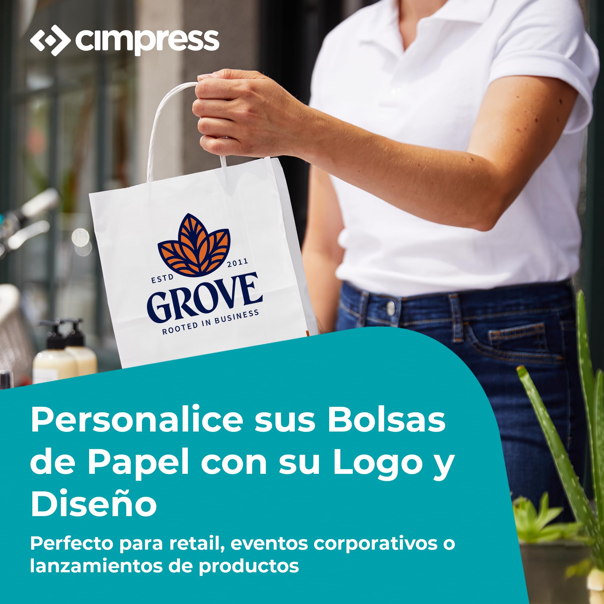 Cimpress bolsas de papel blancas personalizadas con asas Añade un logo o imagen, 22 × 30 cm, Diseño discreto, 100 piezas, Bolsas de regalo kraft para tiendas, ferias comerciales o boutiques