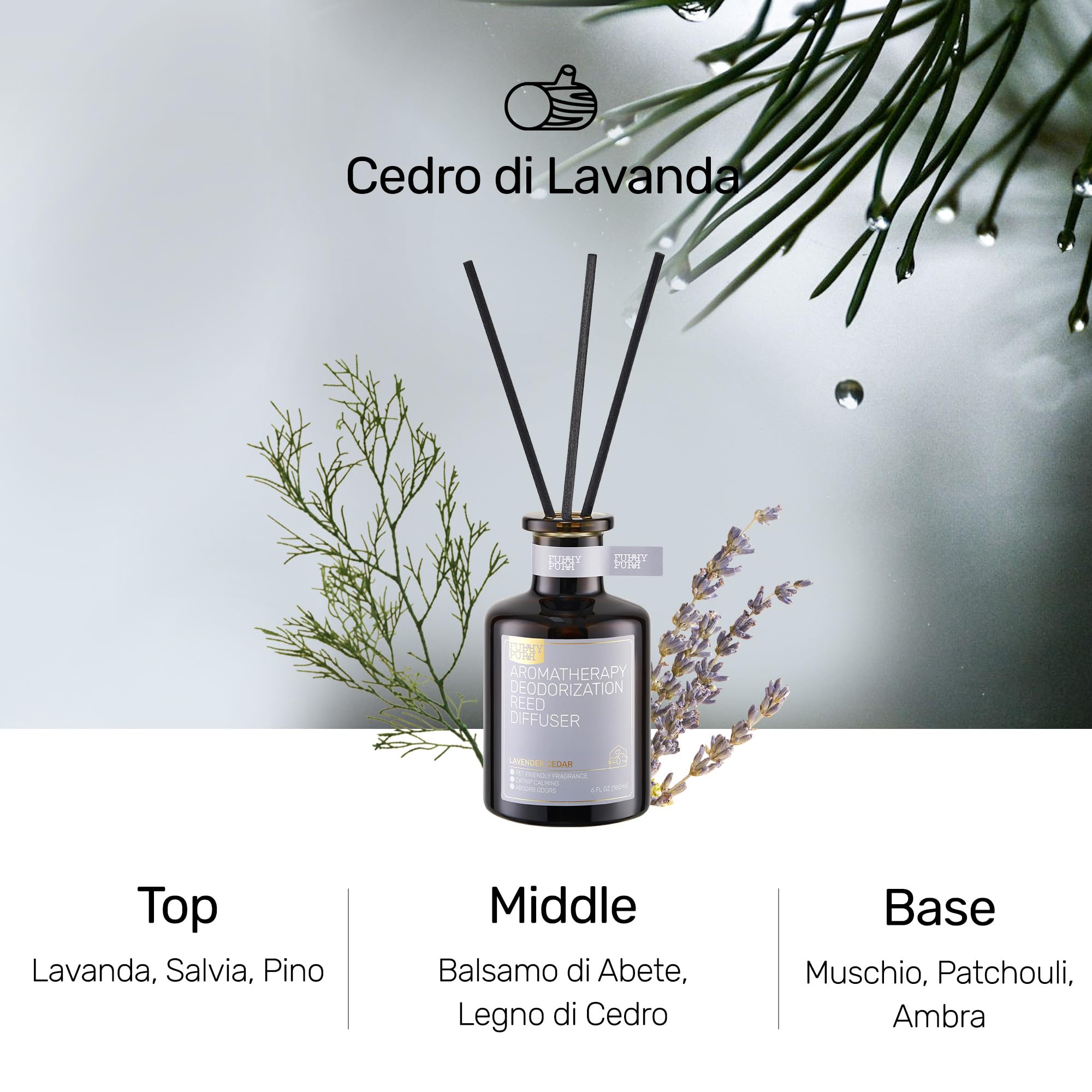 FURRYPURR Diffusore a Canna per Eliminazione Degli Odori Degli Animali Domestici, Lavanda Cedro, 180ml, Non Tossico e Animali Domestici Deodorante d'aria