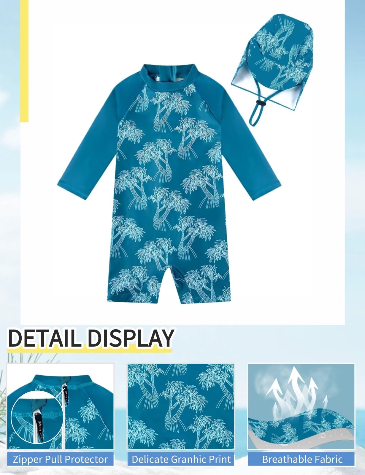 weVSwe Maillot de bain anti-UV pour bébé avec chapeau de soleil, UPF 50+, fermeture éclair, une pièce, pour enfants de 0 à 3 ans - 2