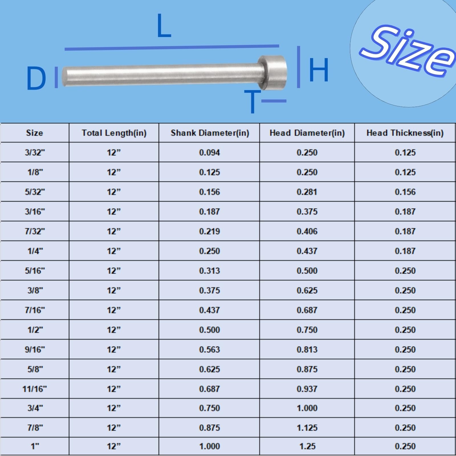 SKD61 - Punzón eyector recto, punta redonda de 2,5 cm de diámetro, 304,8 mm de largo, gris plateado, 1 unidad
