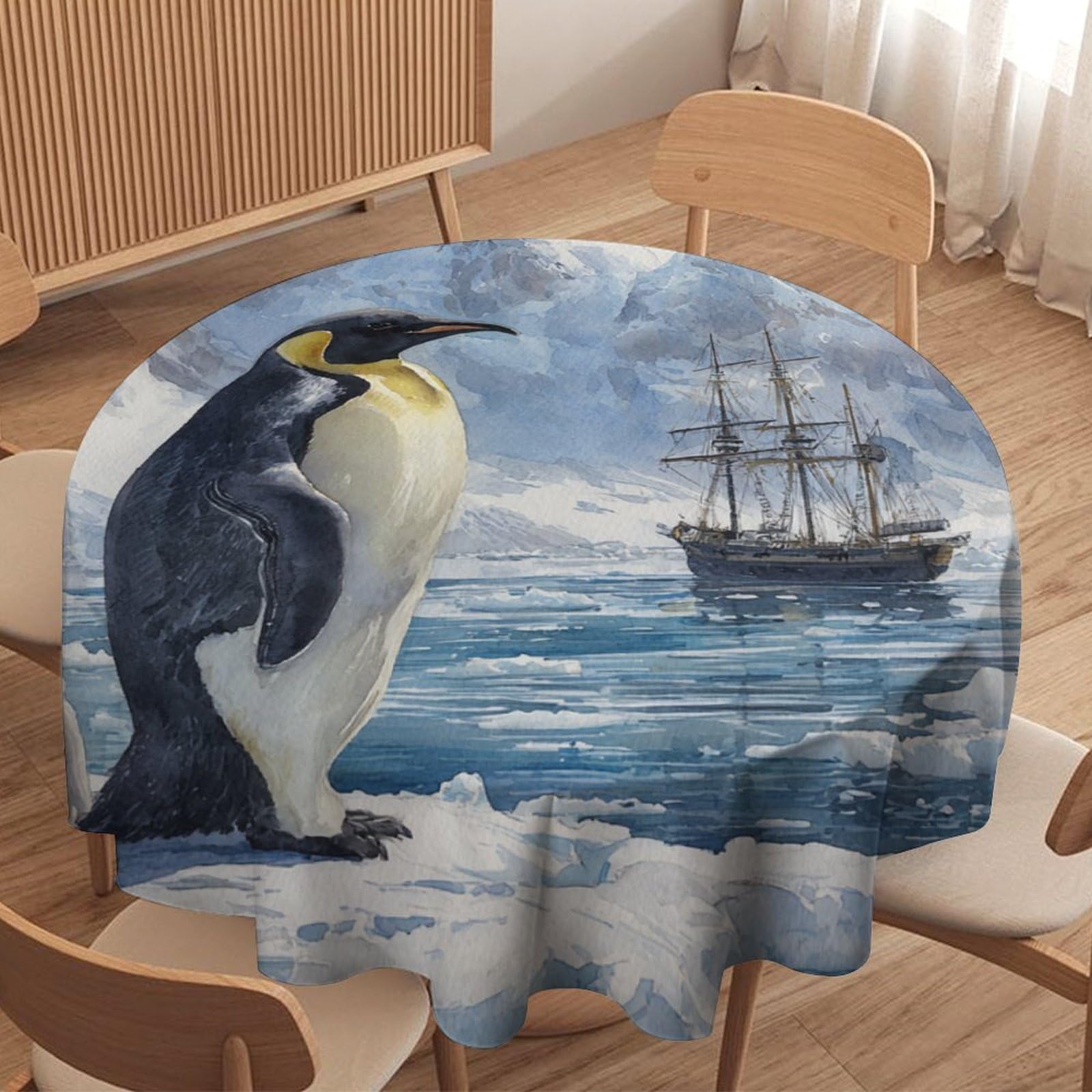 LUYYSKY Beautiful Realistic Cute Penguin Waterproof Round Tablecloth Modern Art Antarctic Pirate Ship Animal Penguin Washable Table Cover for Kitchen-152.4" Wx152.4 L cm