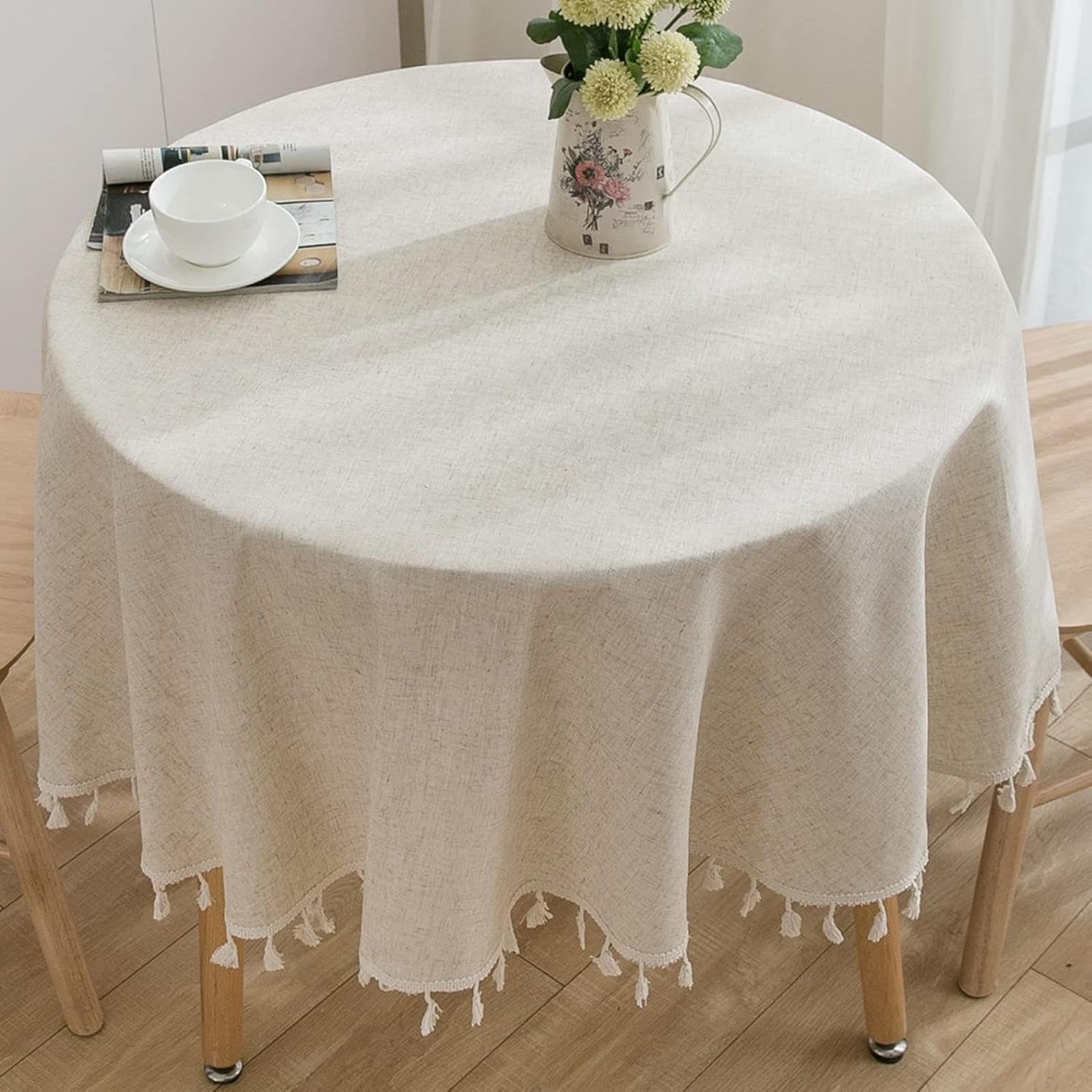 Runde Tischdecke aus Baumwollleinen, staubdicht, weich und knitterfrei im Bauernhausstil, mit Quasten für die Küche und das Esszimmer (rund 160 cm/neutral)
