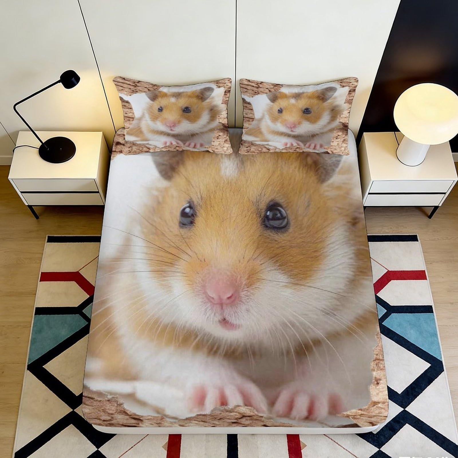 3D Printed Cute Hamster Fitted Sheet Microfiber Soft Breathable Animal Photo Mattress Cover for Bedroom Dorm Mattress Protection Decor 120x200x25cm