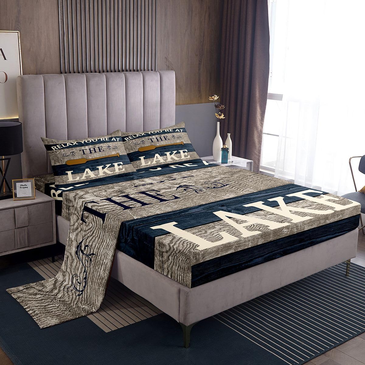 Erosebridal Lake Paddle Decor Sheets Full, Lake House Decor Bed Sheets Set for The Home Rustic Farmhouse Old Barn Sheet Set Brown Dark Blue Wooden Planks Top Sheet with 2 Pillow Cases