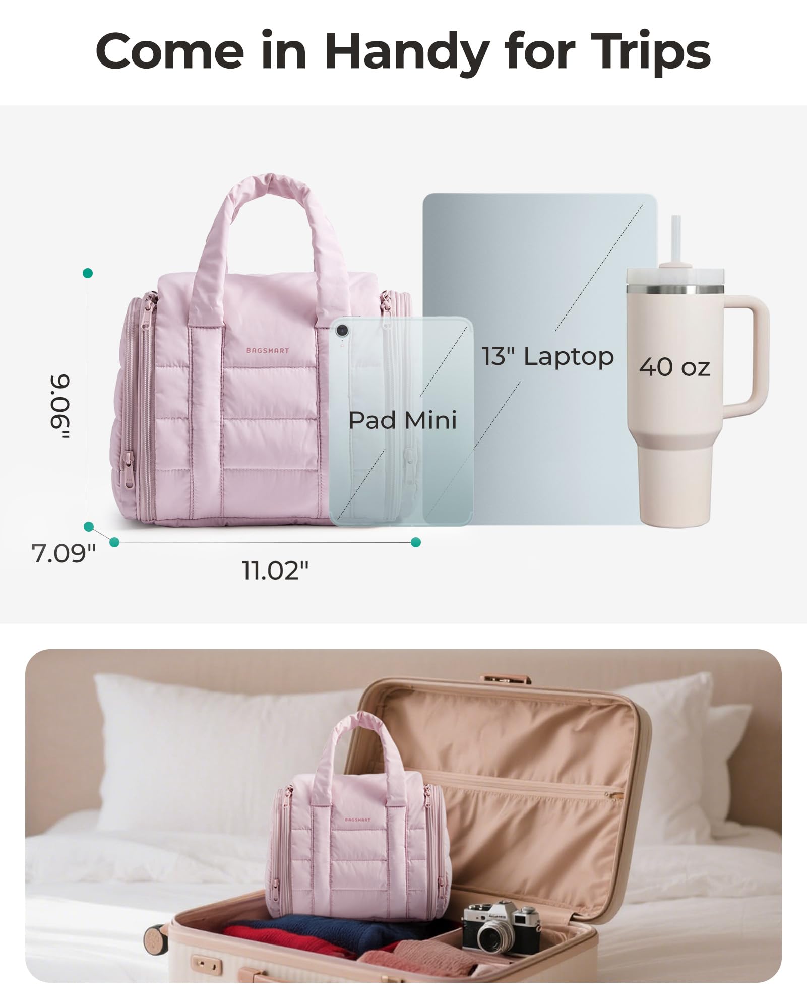 BAGSMART Trousse de maquillage de voyage gonflée, organiseur de toilette portable à suspendre avec séparation amovible, organiseur pour shampooing, après-shampooing, brosses, accessoires de maquillage