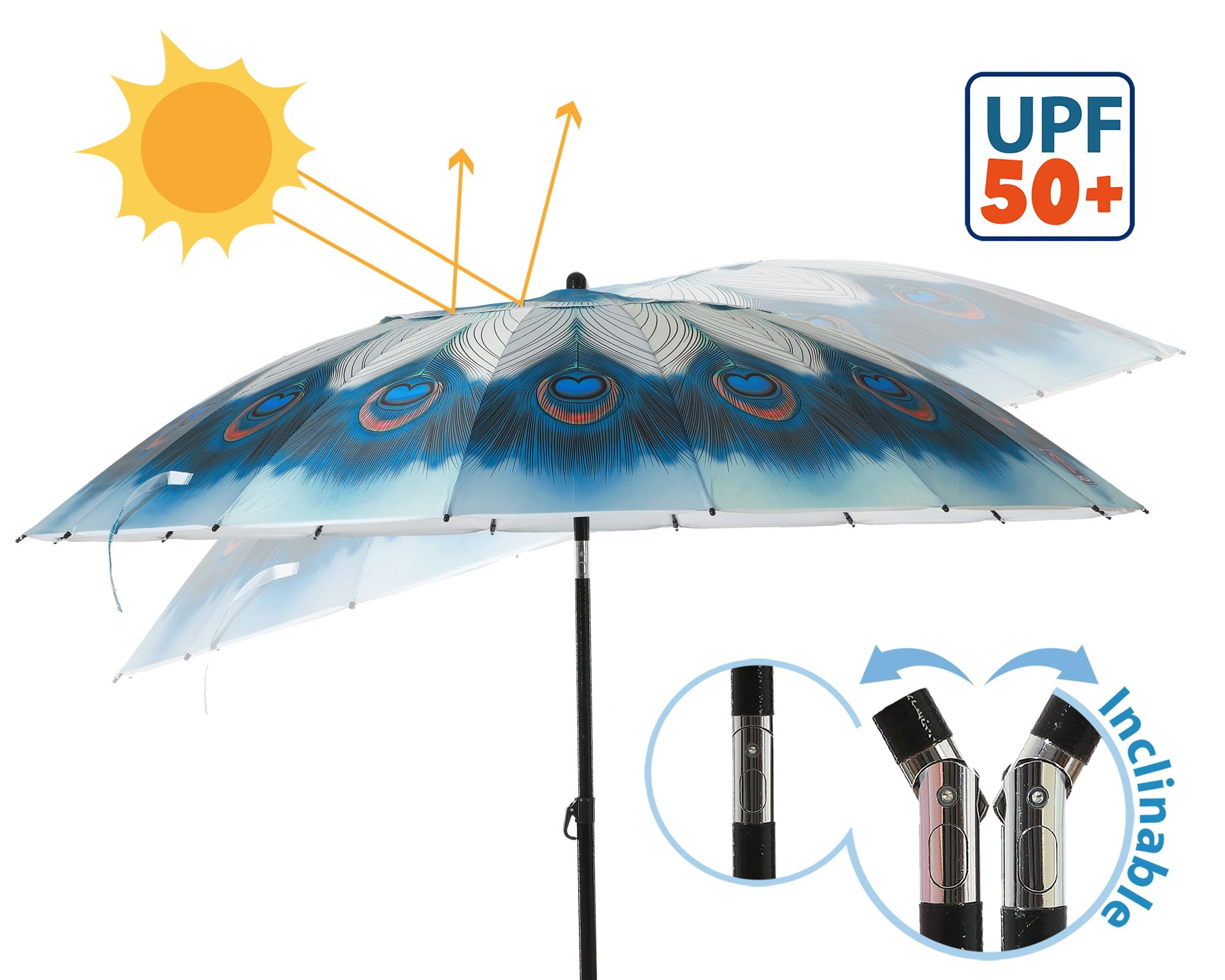Atosa Sombrilla de Playa Ø desde 180 a 240 cm de Aluminio Modelo Pavo REal con Bolsa de Transporte y con Protección Solar UPF 50+ En Verde o Azul