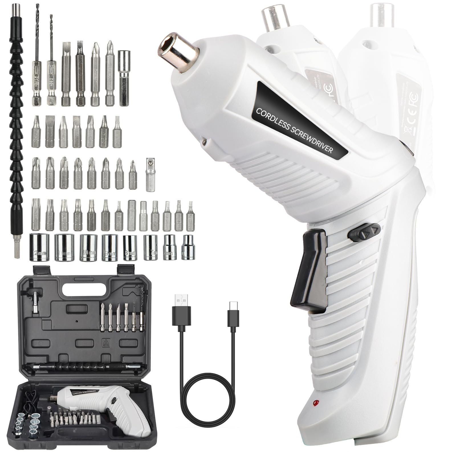 Mini Avvitatore a Batteria 3.6V: 47 pezzi Cacciavite a Batteria 1300mAh Ricaricabile USB, 2 Posizioni 90°-180°, Giravite elettrico con Coppia 3.6Nm, Luce LED, Ideale per Casa e Montaggio Mobili Nero