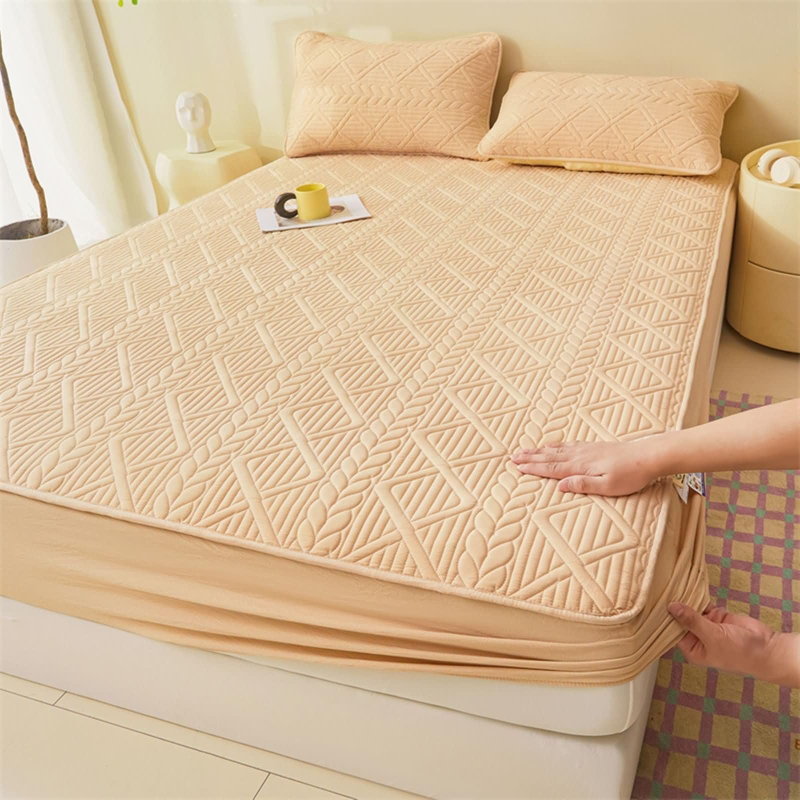 Elastisches Spannbettlaken Einzelbett aus Baumwolle, Einfarbig, 120 x 200 cm, Spannbettlaken Einzelbett Khaki