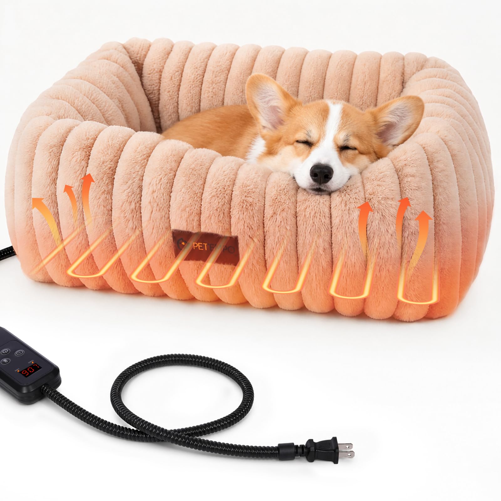 PETEMPO Heated Cat Bed Indoor, Pet Bed with 6 Temp & 6 Timer, Brown, M