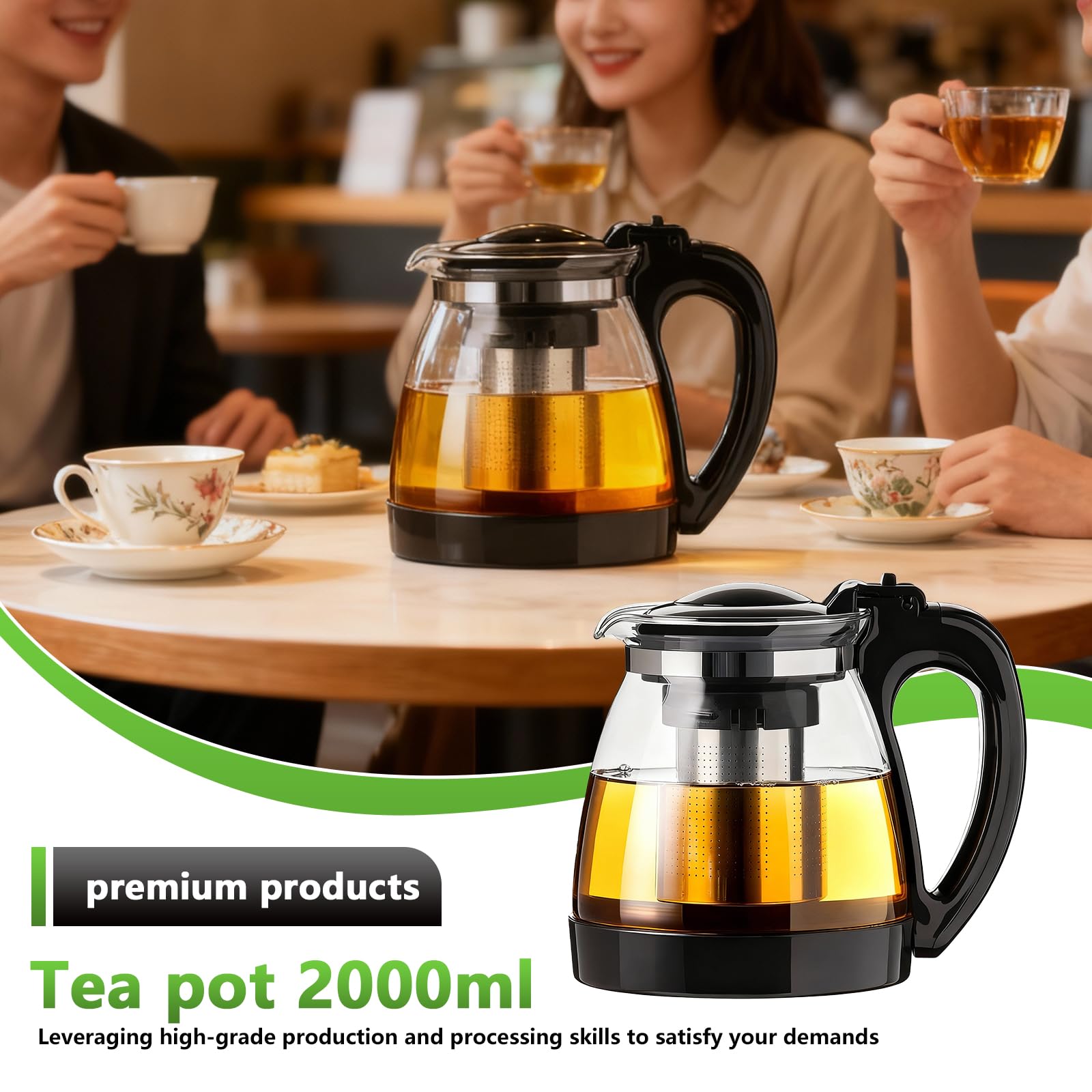 Teiera in vetro da 2 litri, resistente al calore, con filtro in acciaio inox e spazzola per la pulizia, per tè sfuso, tè verde, tisane