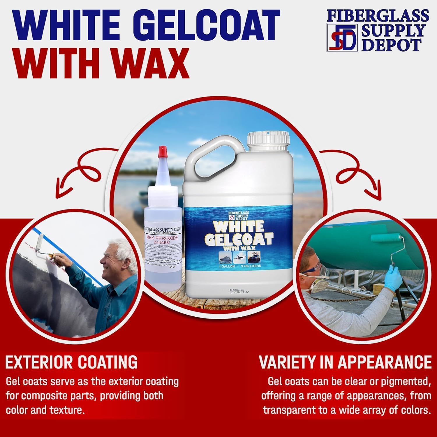 Fiberglass Supply Depot White Gelcoat with Wax Interior or Exterior - Gallon with 60cc Hardener (MEKP)