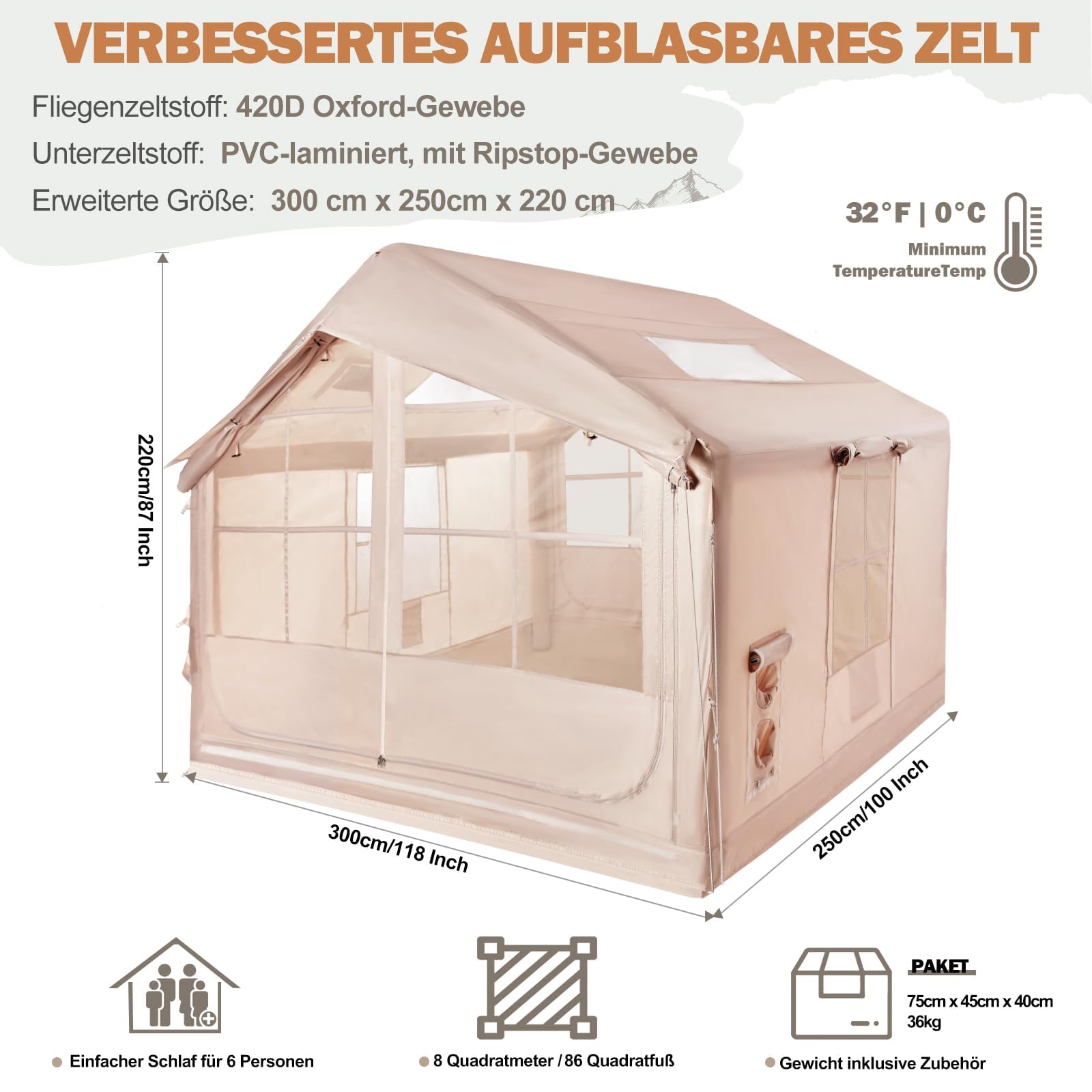Tienda de campaña Hinchable de 2,5 m con Apertura de Chimenea y claraboya, Tienda de casa de Exterior Tienda para 2-6 Personas con Bomba de Aire, Tejido Oxford, 4 Estaciones, Impermeable