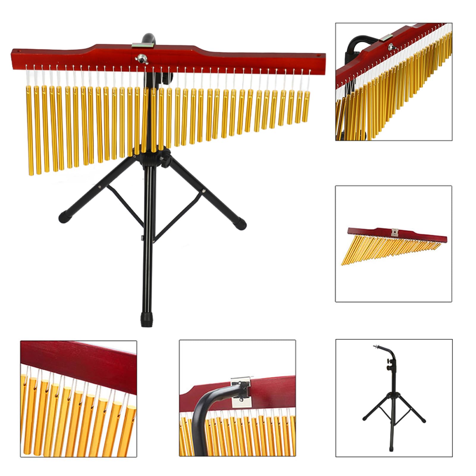 Eujgoov Carillón de Viento de 36 Barras, 36 Campanas de Aluminio Macizo con Base de Madera, Soporte de Trípode Ajustable para Instrumento de Percusión de Relajación de Meditación, Altura de 68,5-162