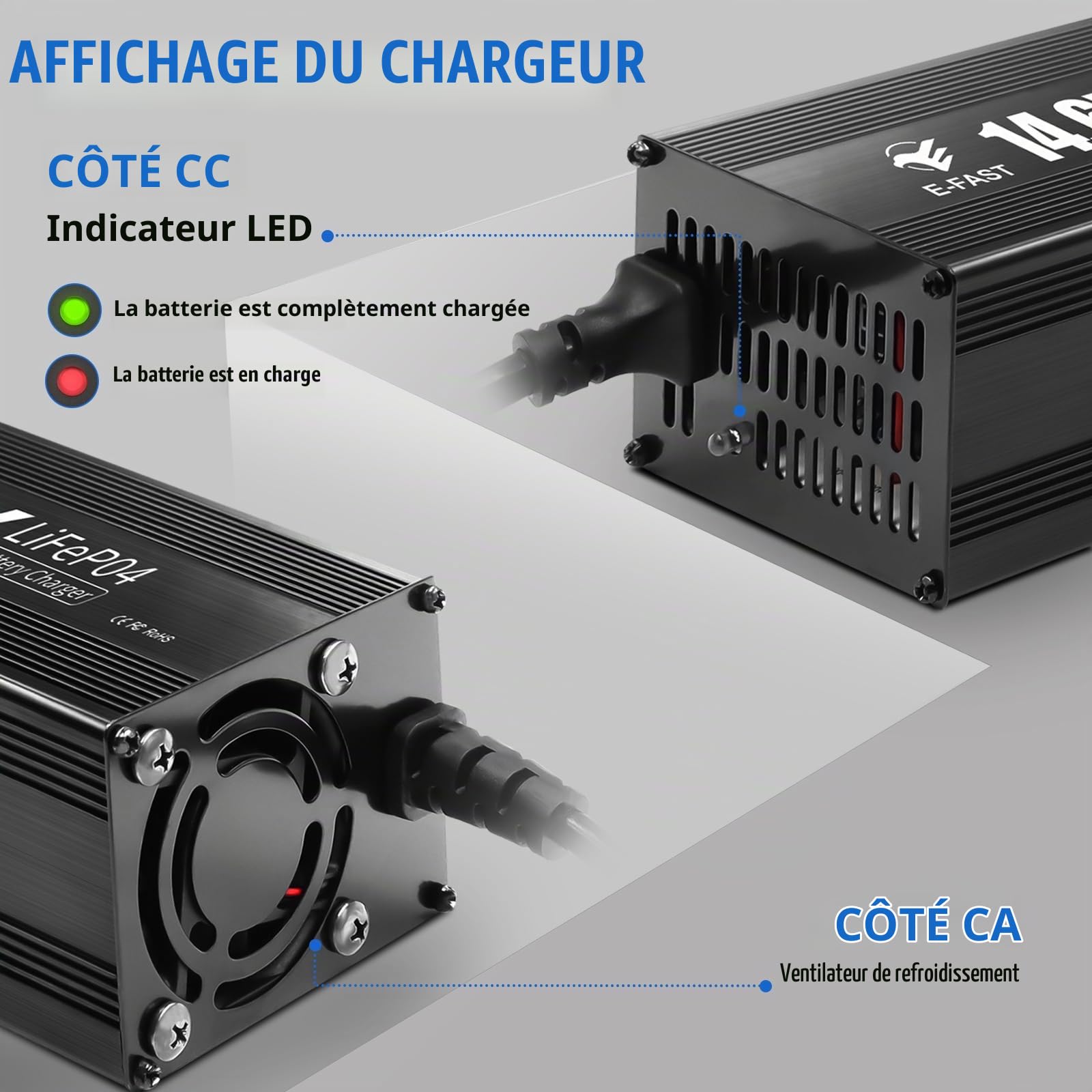Chargeur de Batterie Automobile LiFePO4 14,6V 20A Chargeur Batterie 12V Protection Multiple Chargement Rapide pour Batterie au Lithium 12V