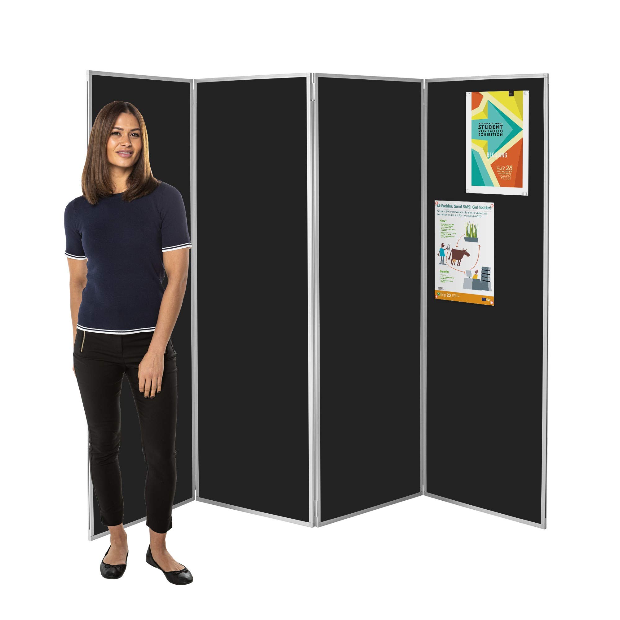 Wonderwall Black Freestanding Privacy Screen | Concertina Folding 4 Panel Display | Partition Divider Screen | 13 Colours (Black) - Ideal For Healthcare, Schools, Exhibitions, Libraries