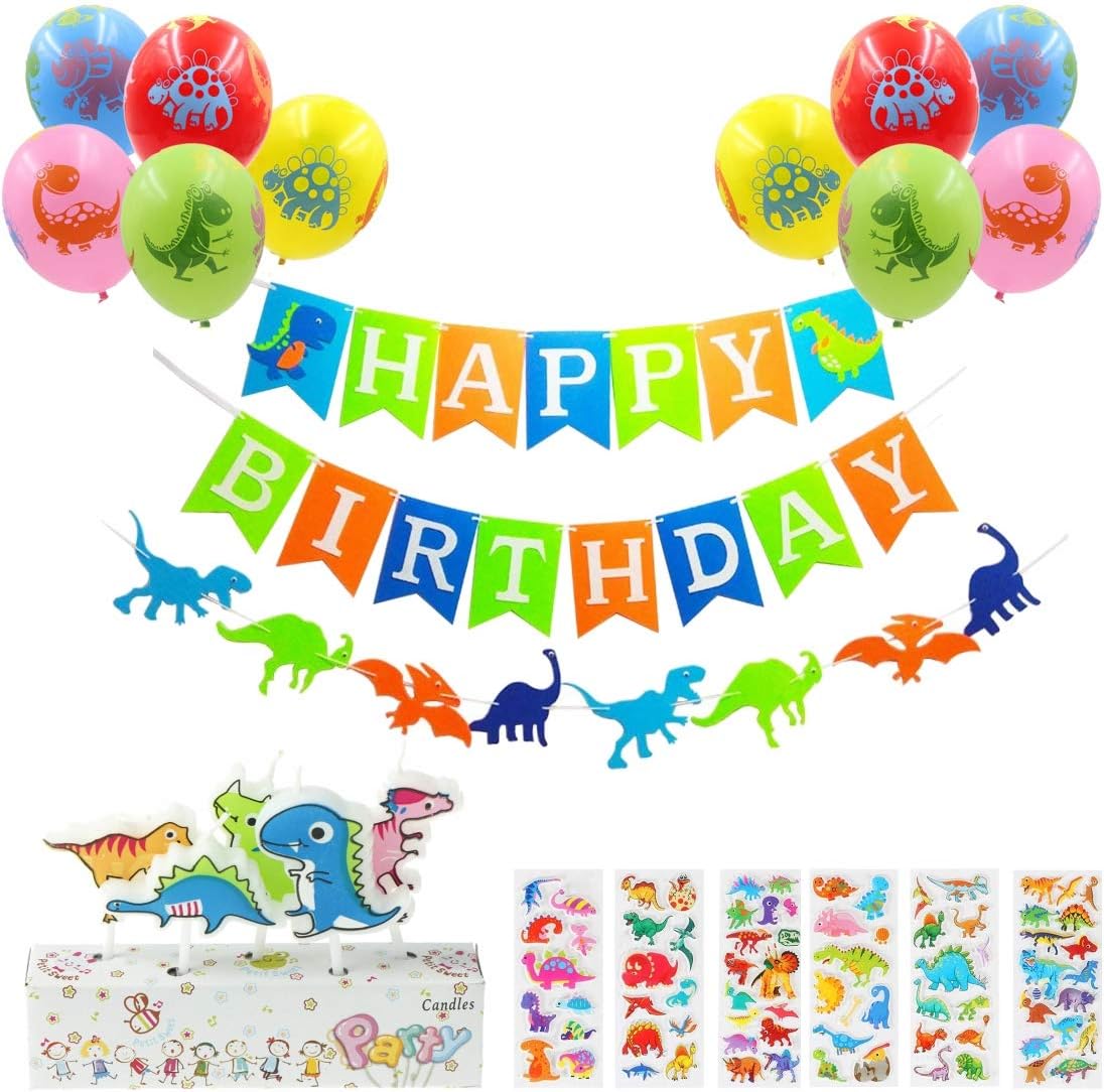 Dinosaur Birthday Party Decoration Kit:1 Dinosaur Happy Birthday Banner, 1 Dino garland, 5 Candles, 10 Balloons, 6 Dinosaur Stickers--Party Supplies Favors For Baby Shower Boys Girls First Birthday