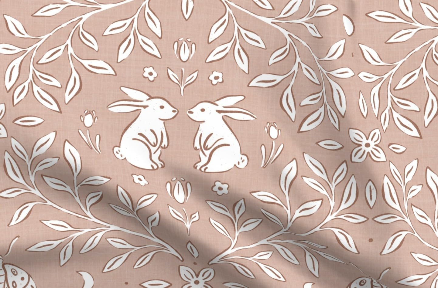 Spoonflower Fabric - Cottagecore Whimsical Leaves Botanical Bunnies Rabbits Woodland Printed on Petal Cotton Fabric Fat Quarter - Sewing Quilting Apparel Crafts Decor