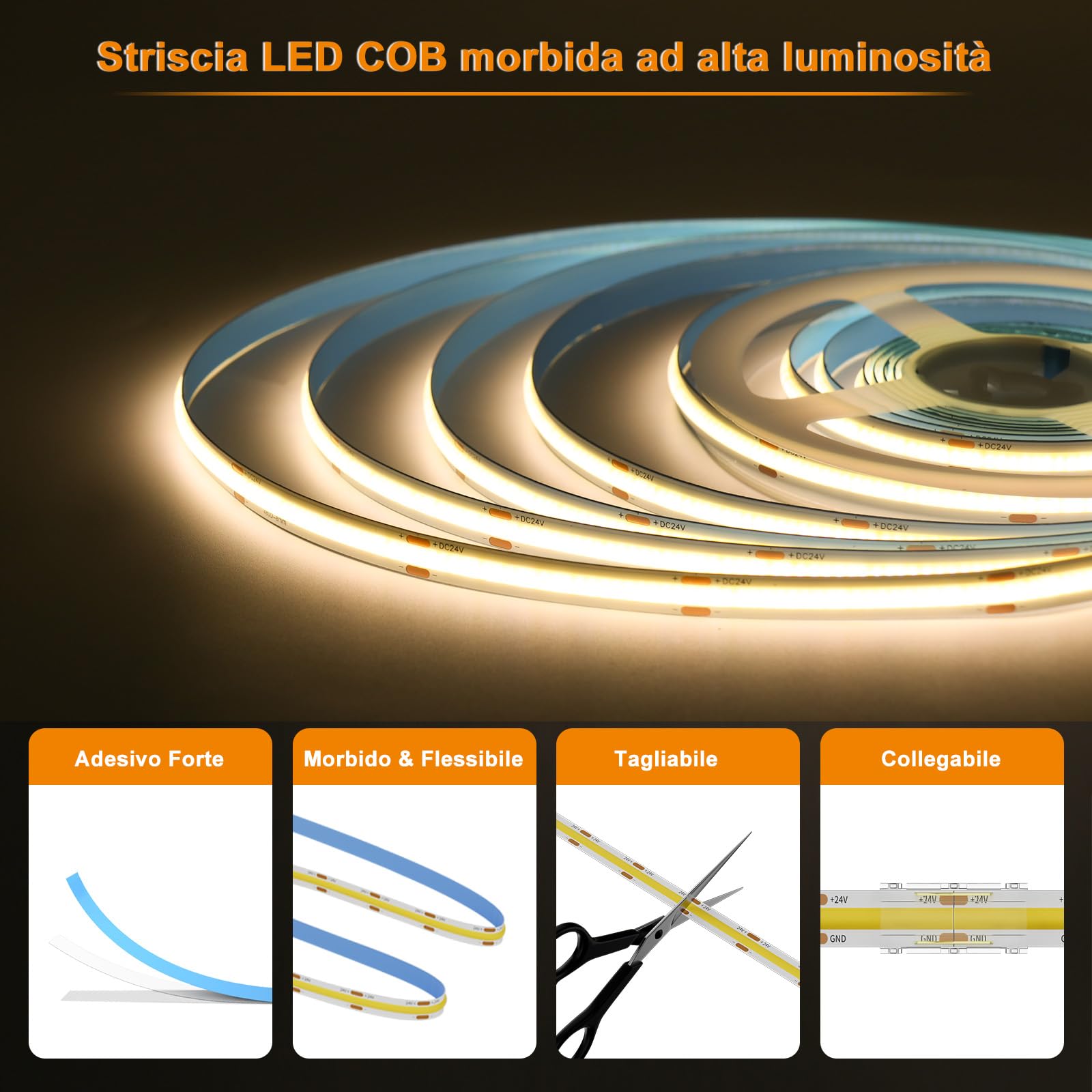 Striscia LED COB FluFlux Bianco Neutro 3500K – CRI 95, Tagliabile, 24V Con Nastro 3M Per Casa E Ufficio - 2