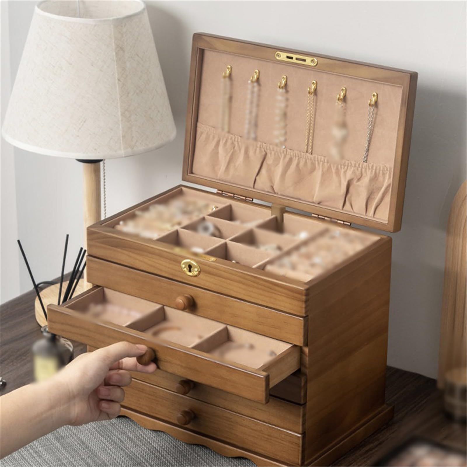 Organizer portagioie in legno grande capacità con cassetti
