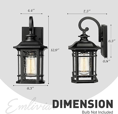 Miniatura 6 de Emliviar Luces de Farol de Pared para Exteriores, Lámpara de Aplique de Pared Exterior de 1 Luz, Acabado Negro con Vidrio Granulado Transparente,