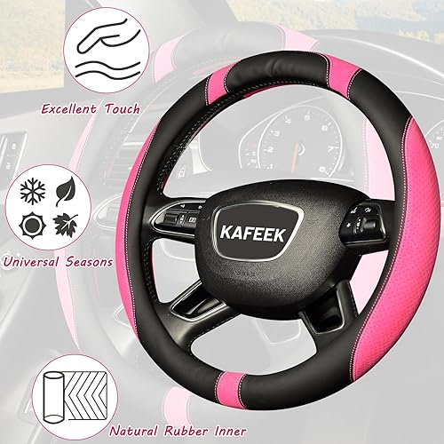 Miniatura 4 de KAFEEK Funda para volante, cuero de microfibra, universal de 15 pulgadas, antideslizante, inodoro, negro y rosa