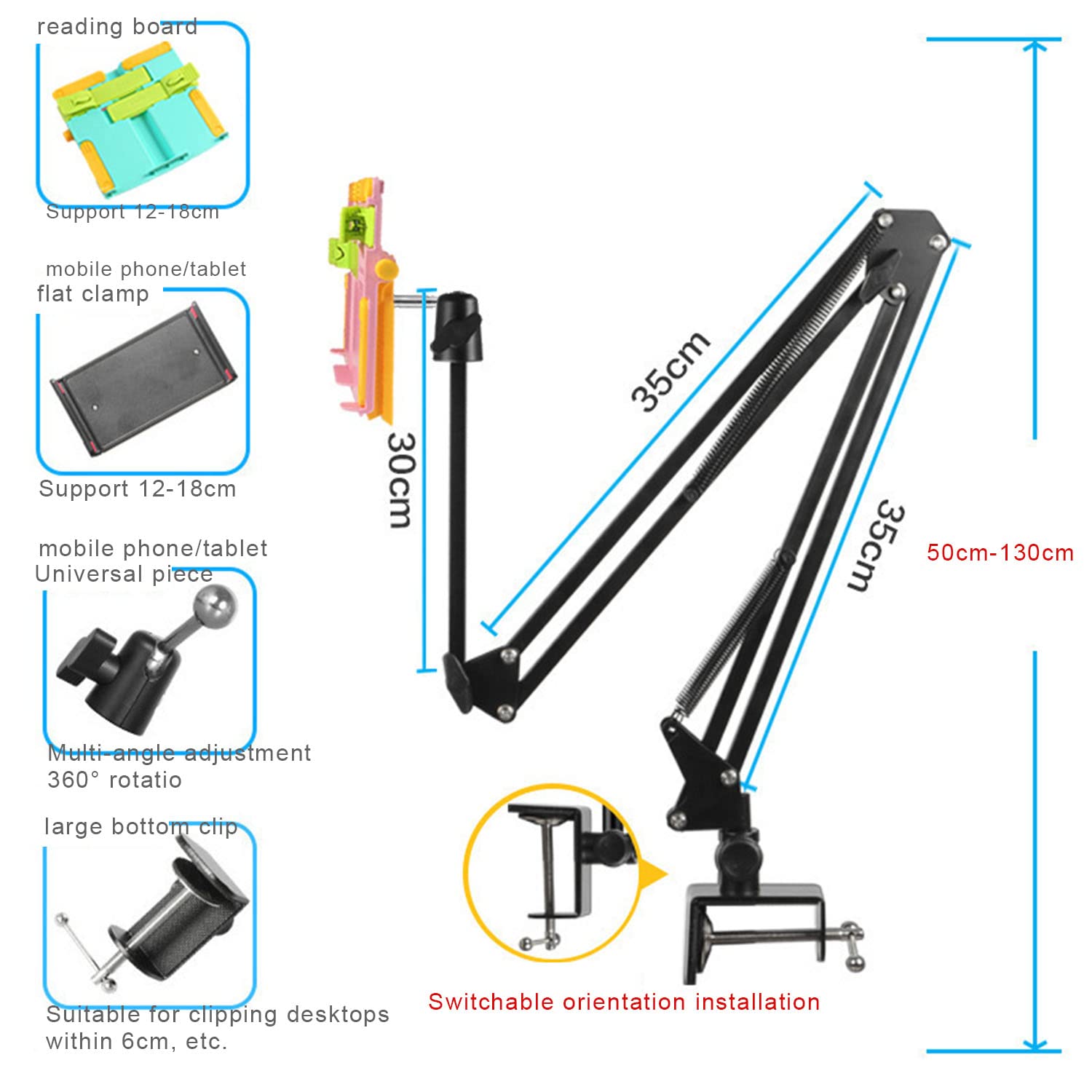 Leggio per Letto, Supporto per Libri Regolabile in Altezza 50-130 cm, Rotazione a 360°, Supporto per Lettura con Morsetto per Lettura a Mani libere, Lettura sdraiata