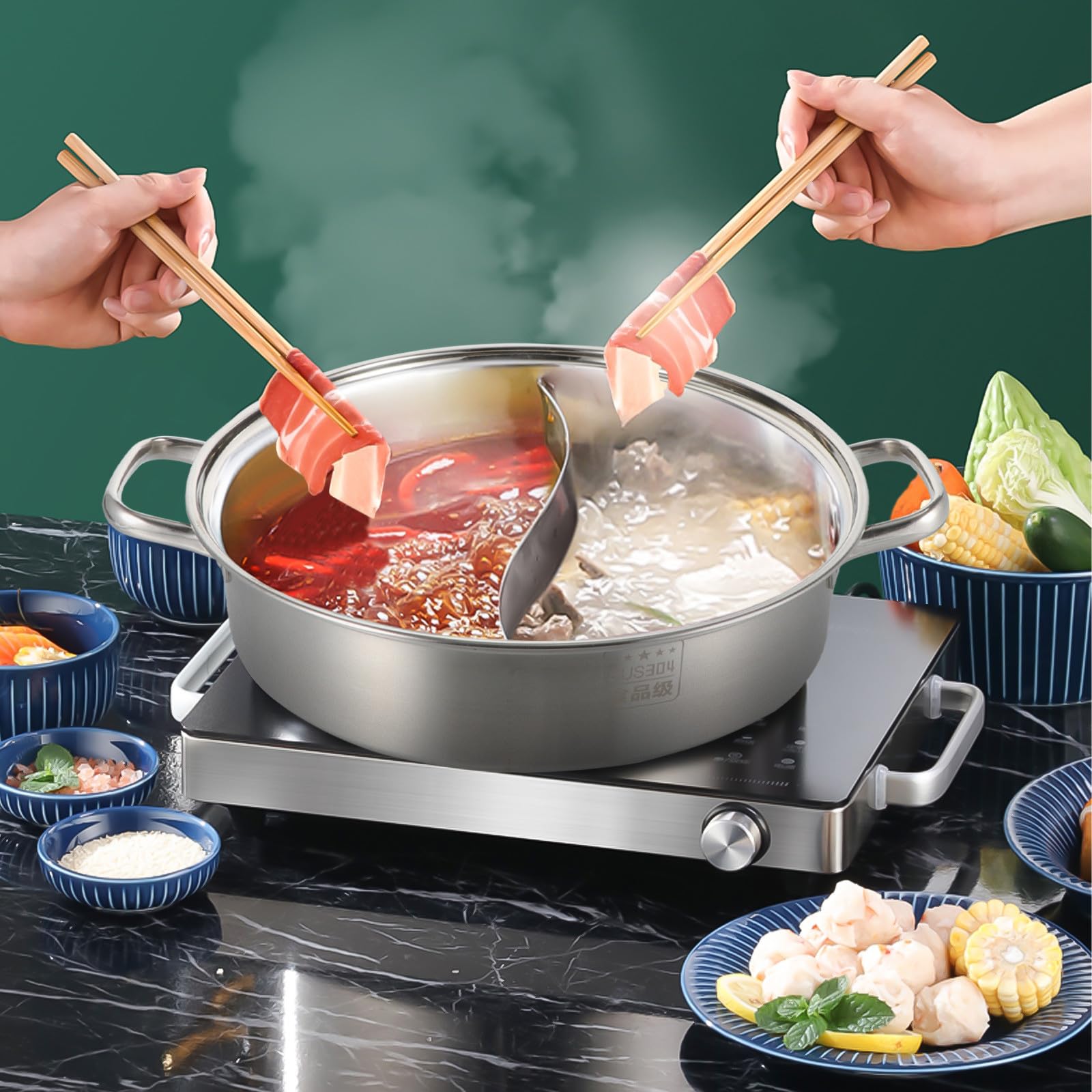 Double Fondue Chinoise en Acier Inoxydable 304 Saveur pour Cuisson