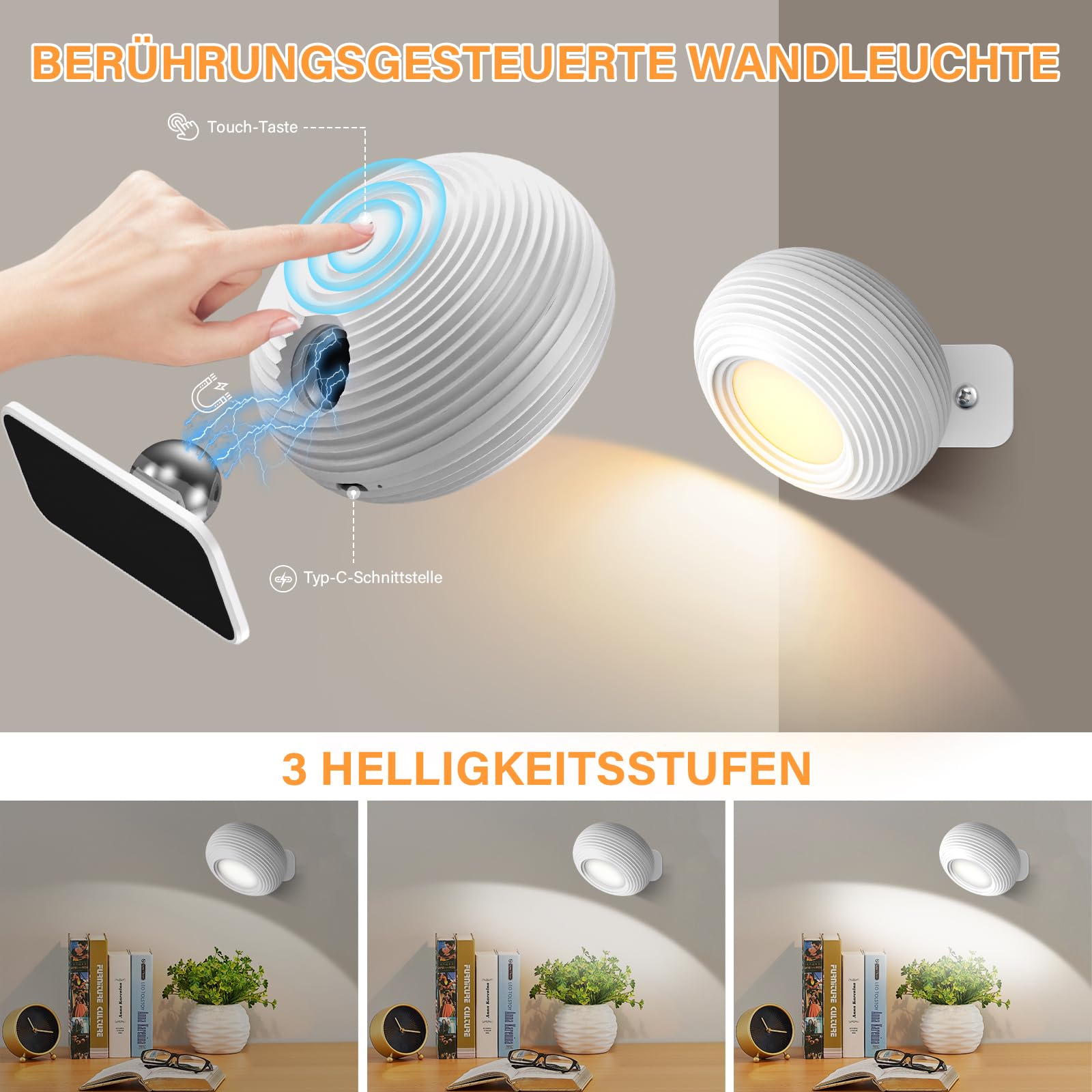 2 Pack Negro Lámpara De Pared LED Interior, 3 Colores Y 3 Niveles De Brillo, El Brillo Se Puede