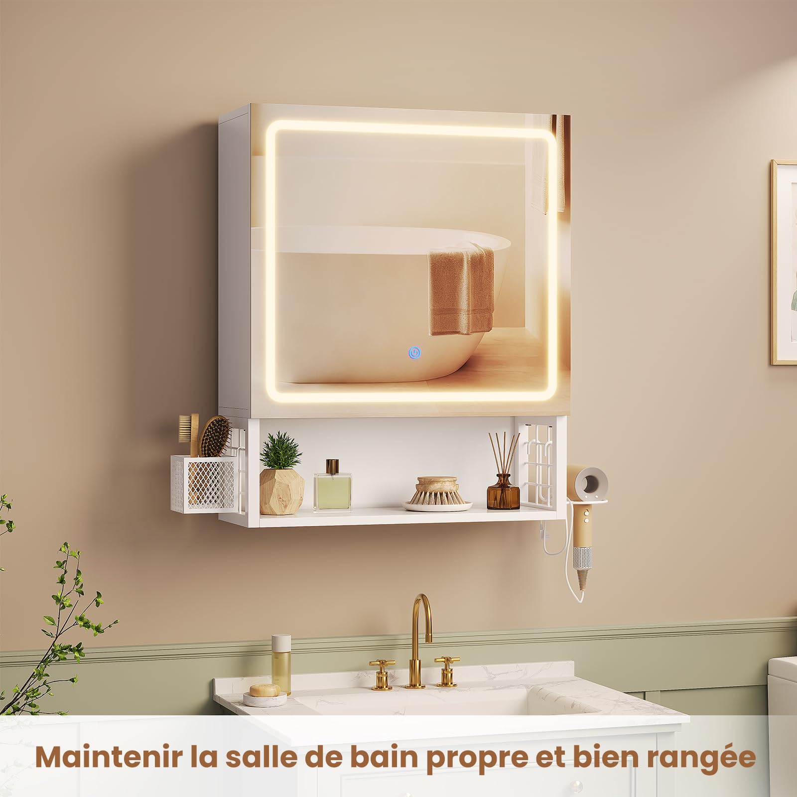 Spiegelschrank Bad mit LED-Beleuchtung,Badezimmer Spiegelschrank mit verstellbarer Ablage,HD-Spiegel, Hängekorb,Haartrockner-Halter,3 Lichtfarbe Einstellbar, Badezimmerschrank 50×16×60cm,Weiß