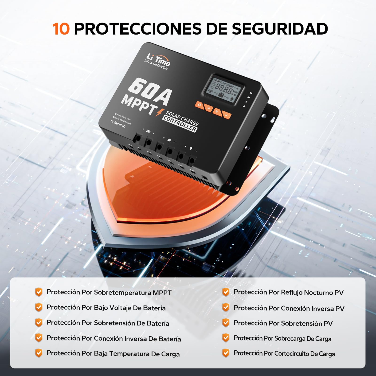 LiTime 60A MPPT 12V/24V/36V/48V Máx. 3200W Entrada DC Automática Controlador de Carga Solar con Adaptador Bluetooth, Pantalla LCD con Parámetros Ajustables, Indicadores LED, para Batería de Litio