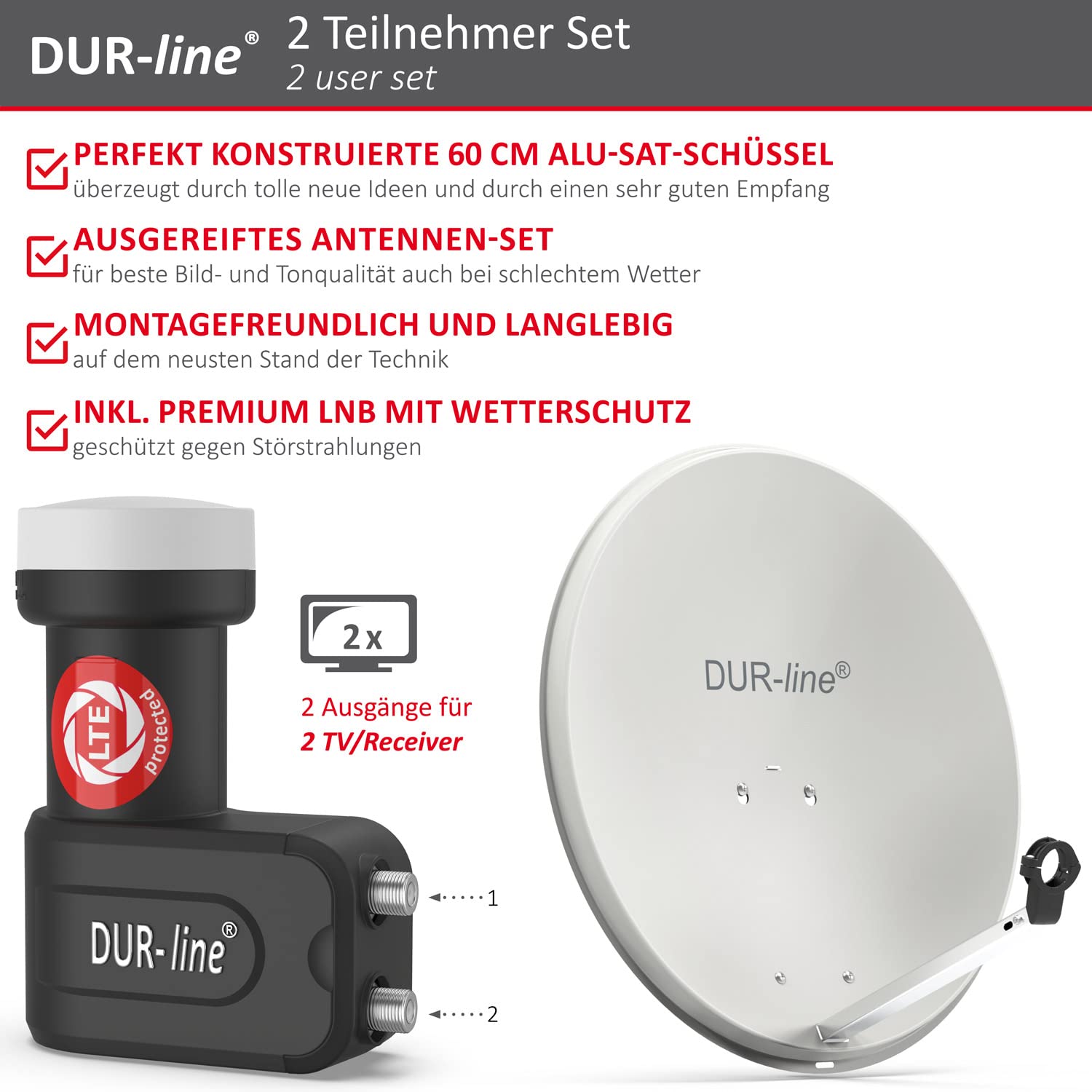 DUR-line MDA 60 Hellgrau - Digiatale 2 Teilnehmer Satellitenschüssel Komplett-Anlage mit +Ultra Twin - LNB [Camping, Astra 19,2°, DVB-S/S2, Full HD, 4K, 3D]