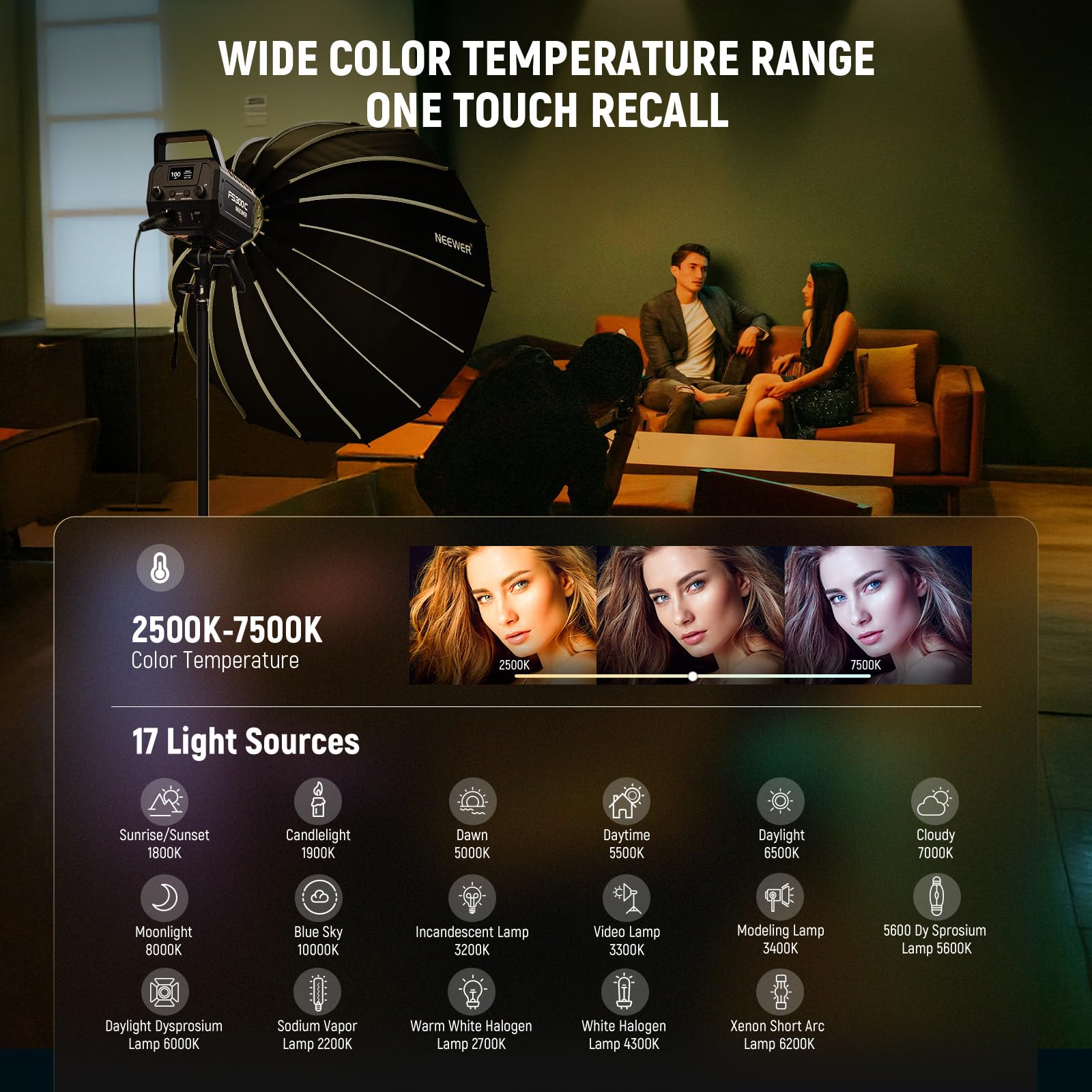 NEEWER CB300B 320W Lampe Vidéo LED, 2,4GHz/APP, Éclairage Continu COB Bicolore Tout Métal avec Monture Bowens, 150000lux/1m, 2700K-6500K, IRC/TLCI97+, 12 Effets pour Enregistrement Vidéo