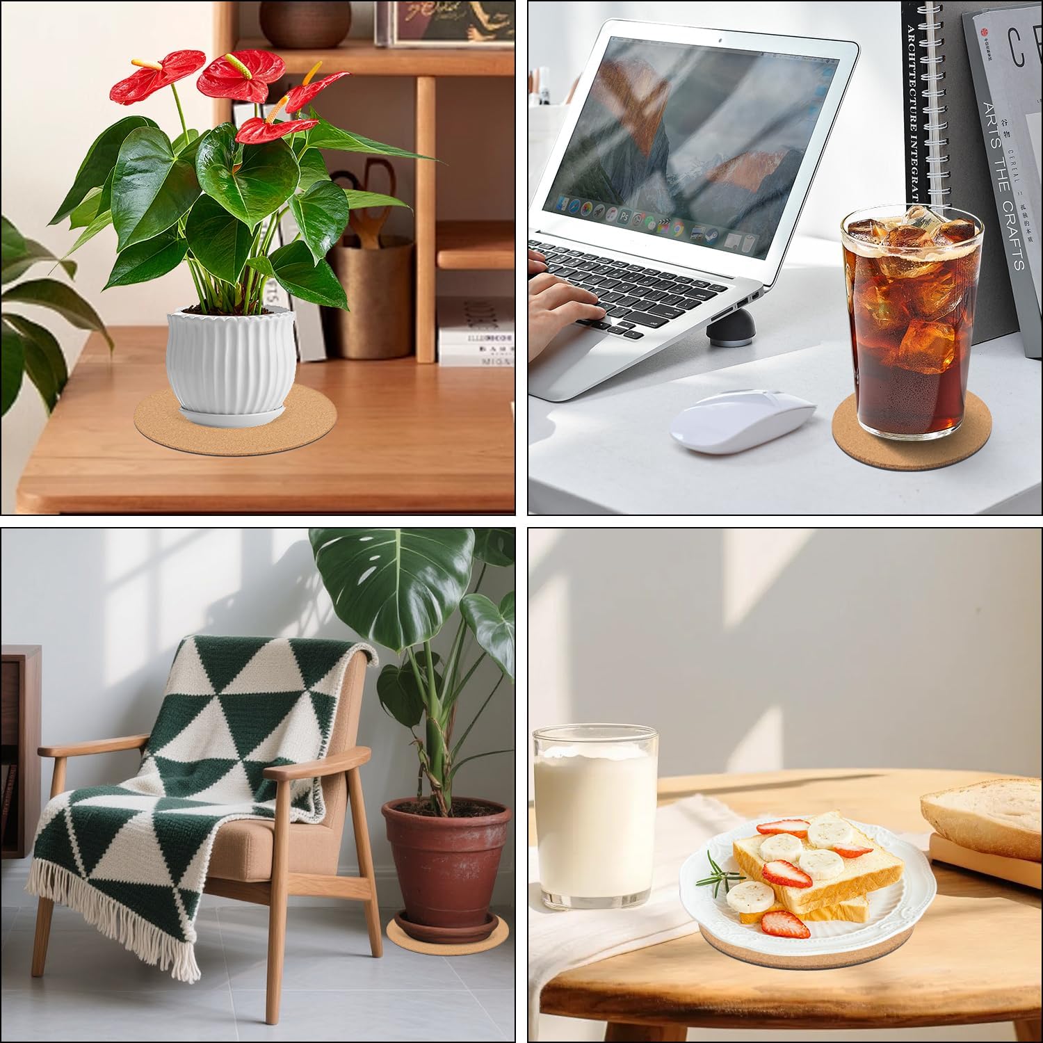 24 Pack 4/6/8 Inch Cork Plant Saucers, Absorbent Round Cork Plant Coasters for Indoor Flower Pots, Planters, Houseplants, Surface Protection(Each Size 8 Pack,Total 24 Pack)