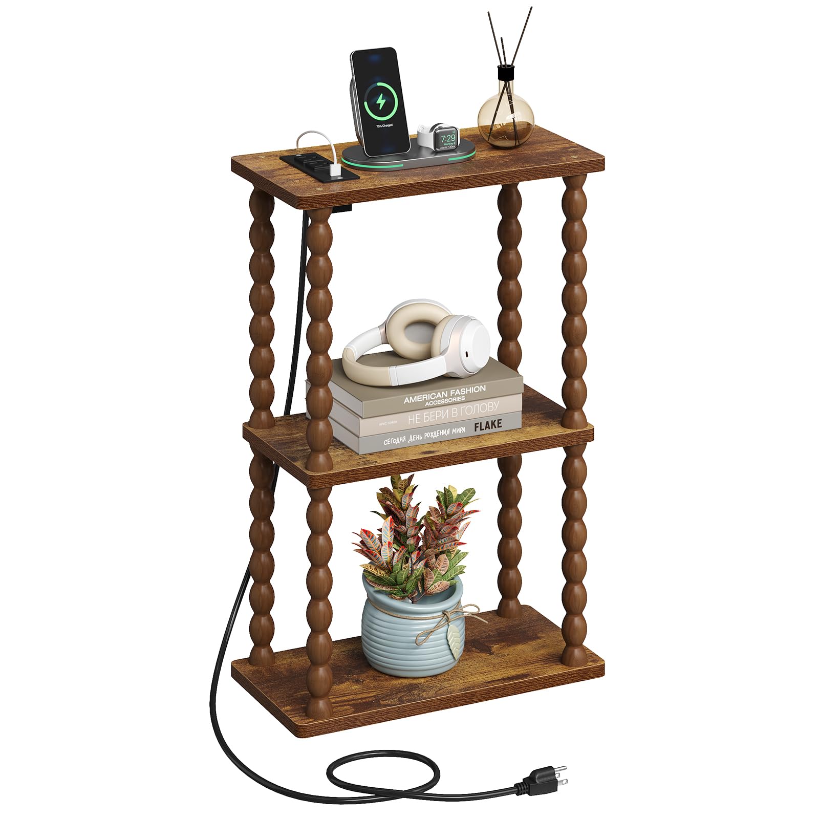 ELYKEN Side Table with Charging Station, Small End Tables Living Room with USB Port and Outlet, 3-Tier Narrow Bedside Table Nightstands for Bedroom,