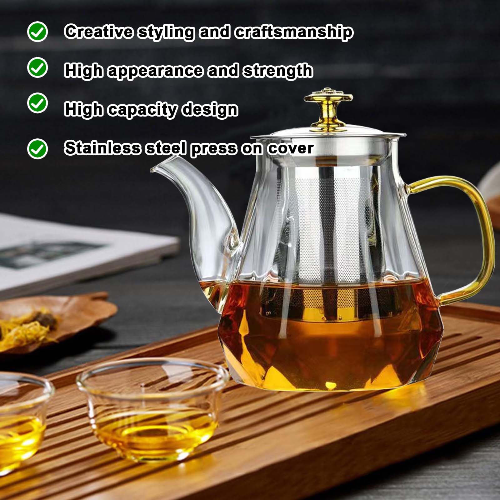 Teiera in vetro, 1 l, con filtro in vetro borosilicato, protezione contro il surriscaldamento, uova da tè per foglie sciolte, teiera, teiera in vetro per la preparazione di tè, tè ai fiori, tè alle