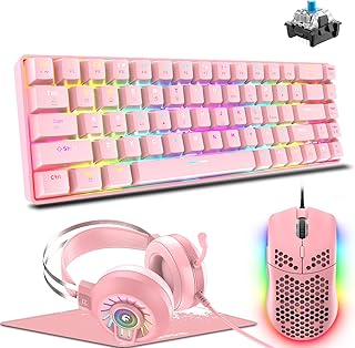 ZIYOU LANG T8 Gaming Keyboard+Mouse+Headset+Mouse pad Combo, 60% Percent Mini Mechanical Keyboard, Lightweight Mice, PC Gaming Headphone, RGB Chroma Backlit Wired 4 in 1 Gaming Bundle-Pink/Blue Switch