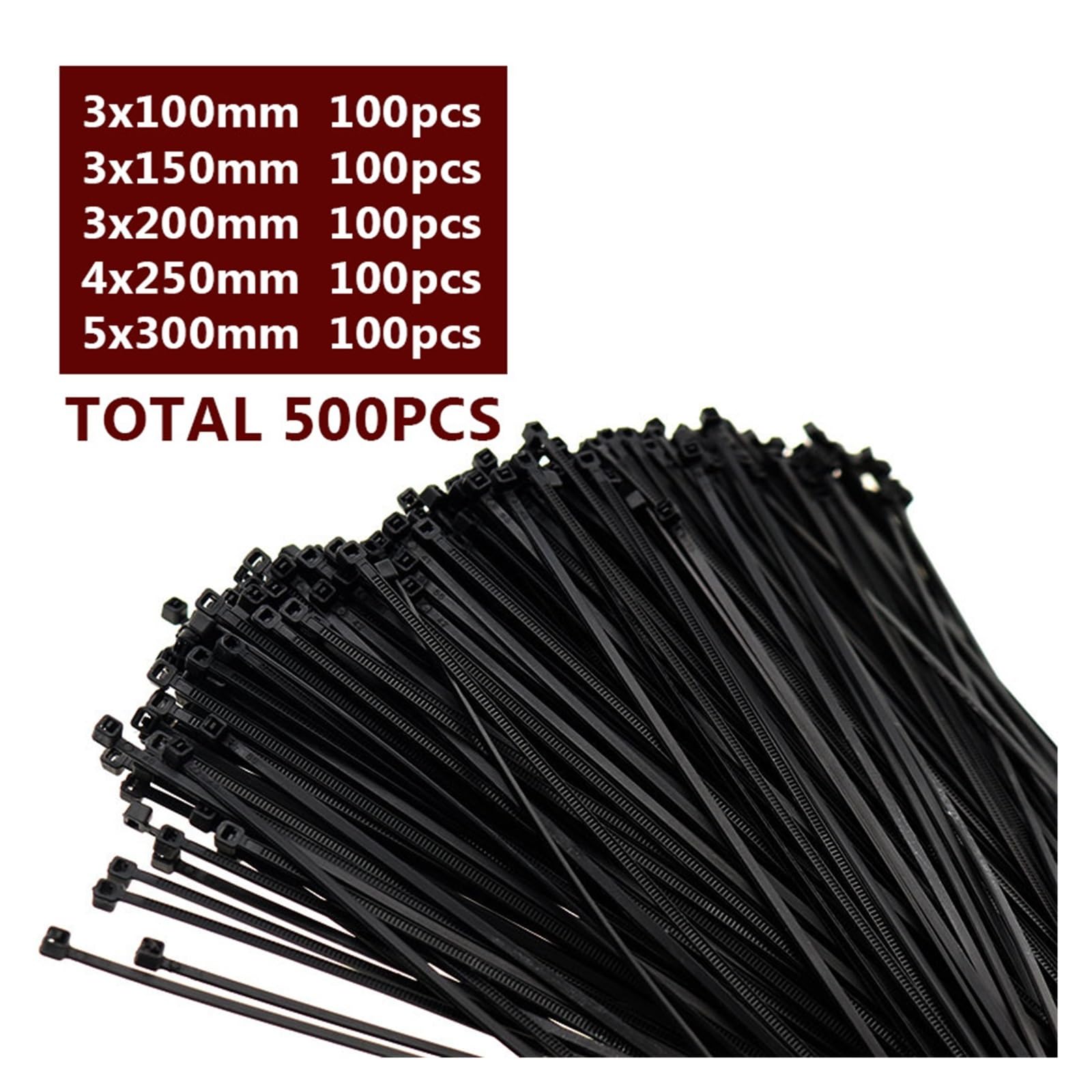 500 Stück selbstsichernde Kabelbinder aus Kunststoff, 100 mm, 150 mm, 200 mm, 250 mm, 300 mm, schwarz, weiß, Nylon-Kabelbinder, 100 Stück Packung (Color : White 500pcs)