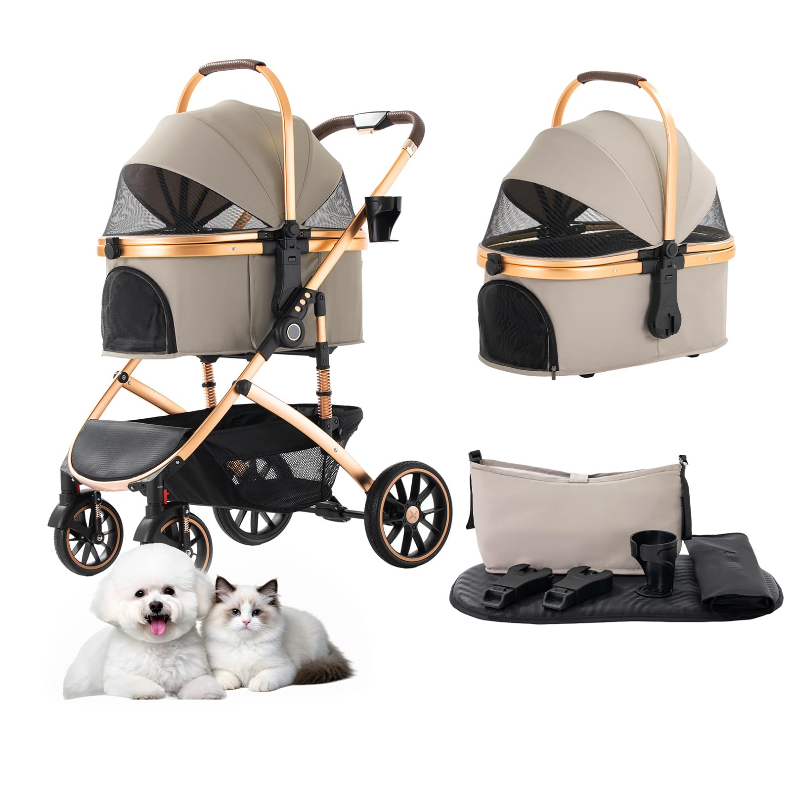 Lnhcbrs Pet Stroller – Removable Basket + Scratch-Resistant Fabric + Aluminum Frame (22kg) – Foldable Pet Stroller + Dual Brake + Large Storage – 4 PU Wheel Dog Cat Pushchair,Khaki