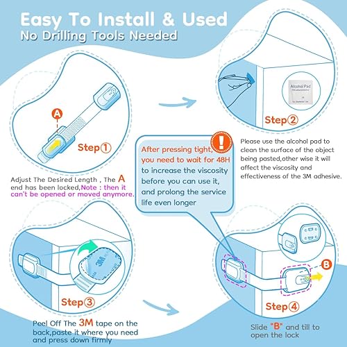 Miniatura 6 de Paquete de 8 cerraduras de gabinete a prueba de bebés, a prueba de niños, multiusos para cajones, nevera, asiento de inodoro, papelera, ideal para