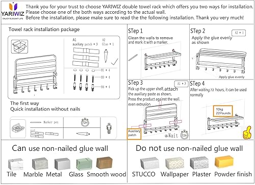 Miniatura 6 de Toallero gris montado en la pared, sin taladro ni tornillo, longitud de la ducha del baño de 24 pulgadas, barra de toalla doble con estante de