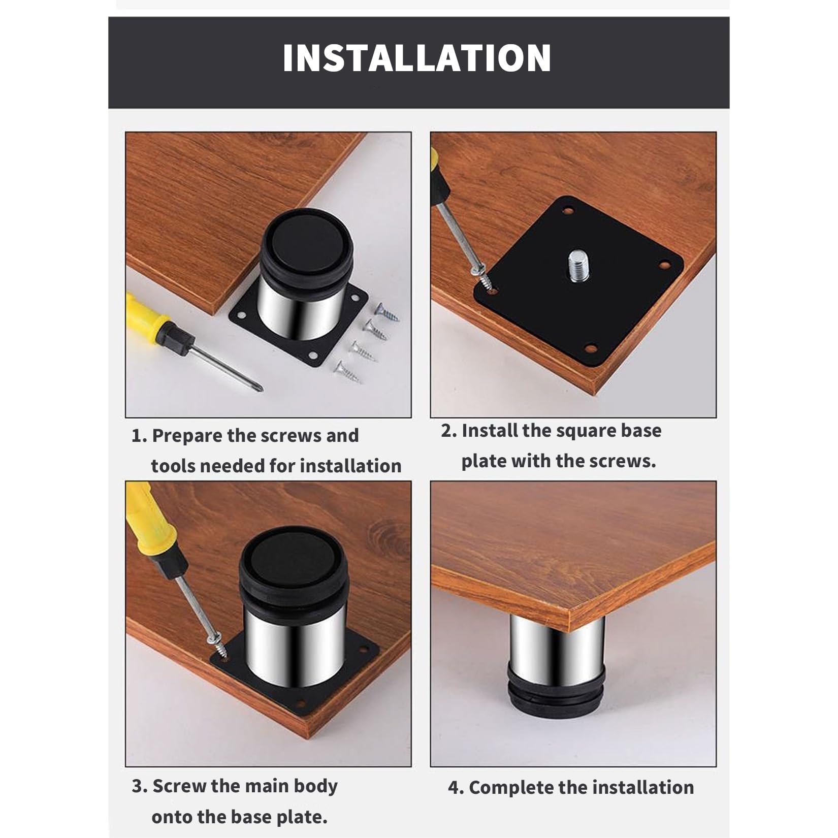 Piedini Regolabili Per Mobili 4 Pezzi - Acciaio Inox 50x50mm, Altezza 0-10mm, Argento